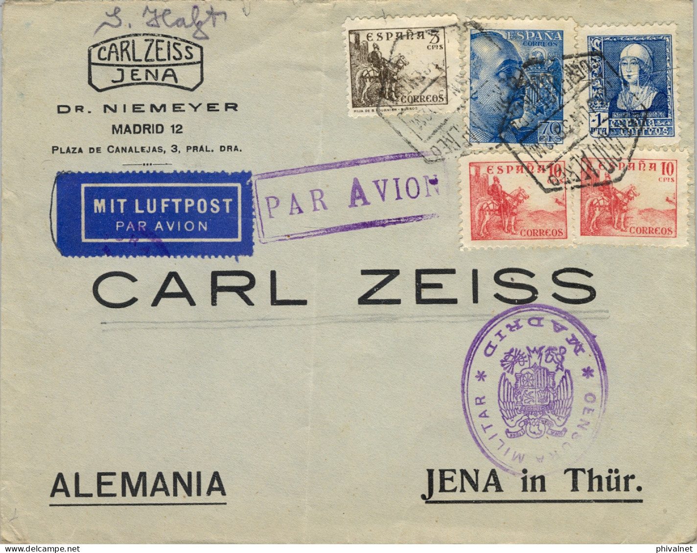1938 MADRID - JENA IN THÜR , SOBRE CIRCULADO , CORREO AÉREO / SERVICIO CENTRAL , CARL ZEISS / JENA , PHOTOGRAPHY , FOTO - Briefe U. Dokumente