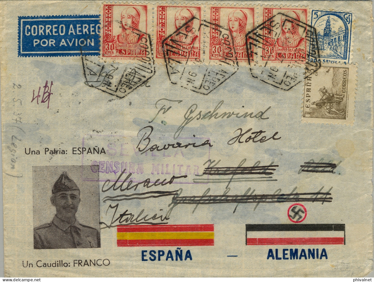 1937 SEVILLA - KREFELD , SOBRE RECIRCULADO A MERANO / BOLZANO , LLEGADA AL DORSO , CORREO AÉREO , CENSURA MILITAR - Briefe U. Dokumente