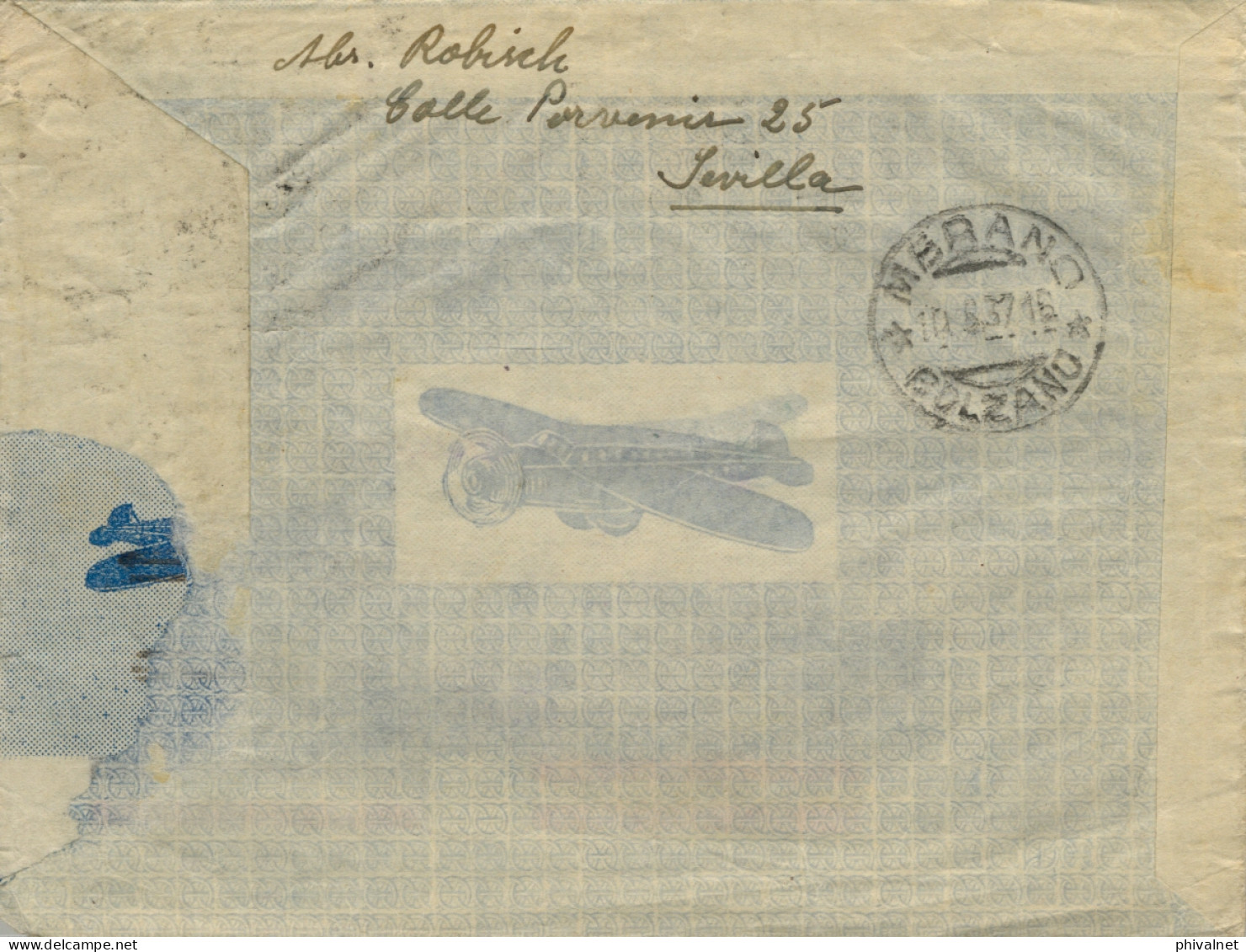 1937 SEVILLA - KREFELD , SOBRE RECIRCULADO A MERANO / BOLZANO , LLEGADA AL DORSO , CORREO AÉREO , CENSURA MILITAR - Storia Postale