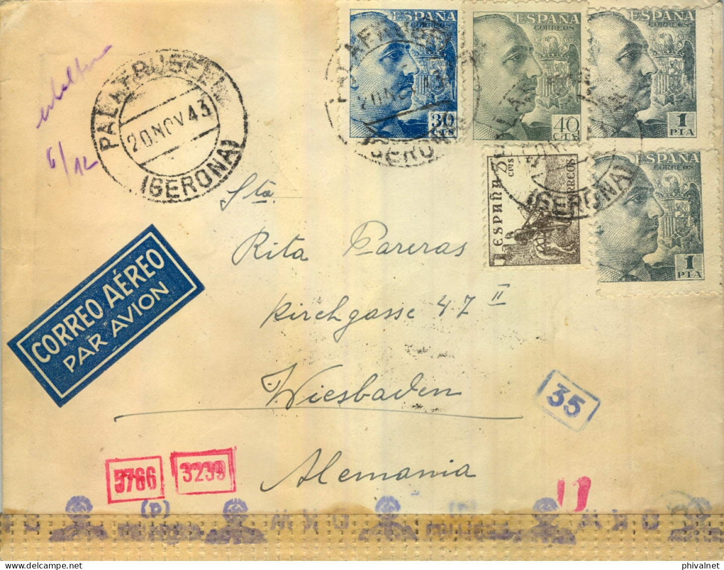 1943 GERONA , PALAFRUGELL - WIESBADEN , SOBRE CIRCULADO , CORREO AÉREO , DOBLE CENSURA - Covers & Documents