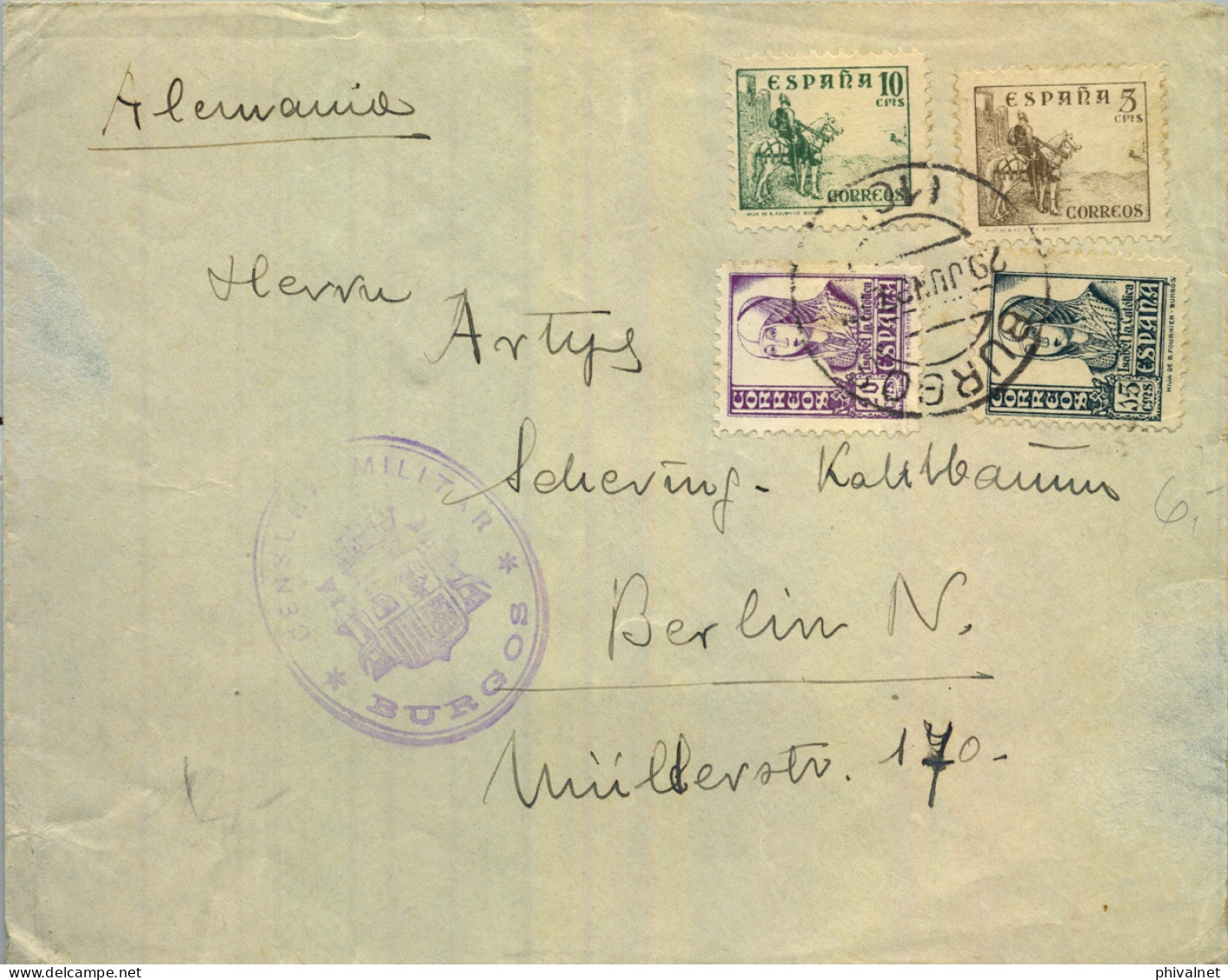 1937 BURGOS , SOBRE CIRCULADO A BERLIN , CENSURA MILITAR - Storia Postale