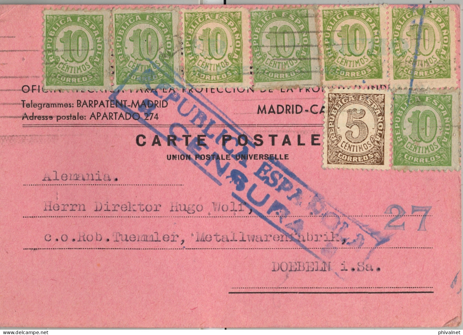 1938 MADRID - DOEBELN , TARJETA POSTAL CIRCULADA , CENSURA REPUBLICANA - Briefe U. Dokumente