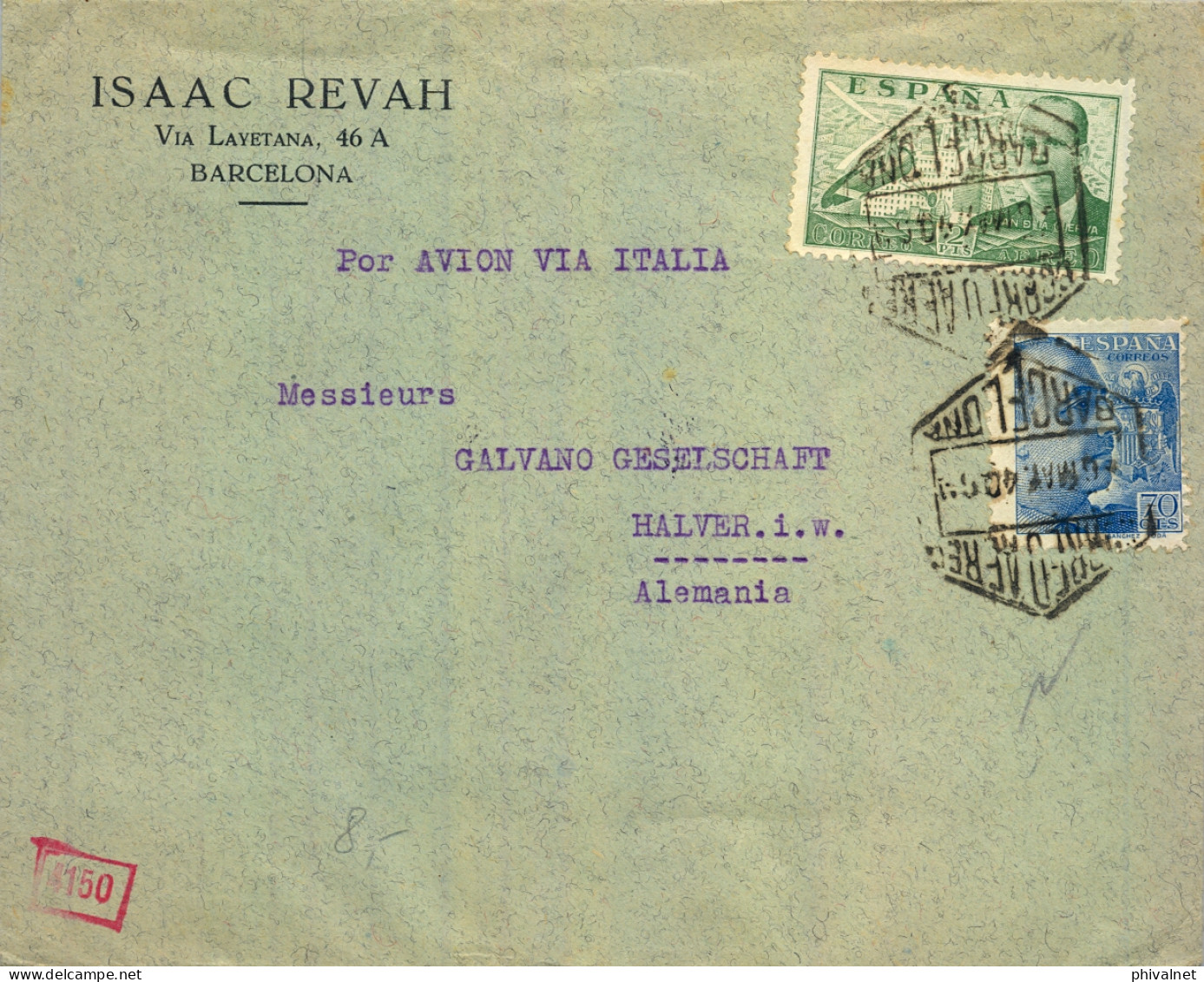 1940 BARCELONA - HALVER , SOBRE CIRCULADO , CORREO AÉREO POR AVIÓN VIA ITALIA , DOBLE CENSURA - Briefe U. Dokumente