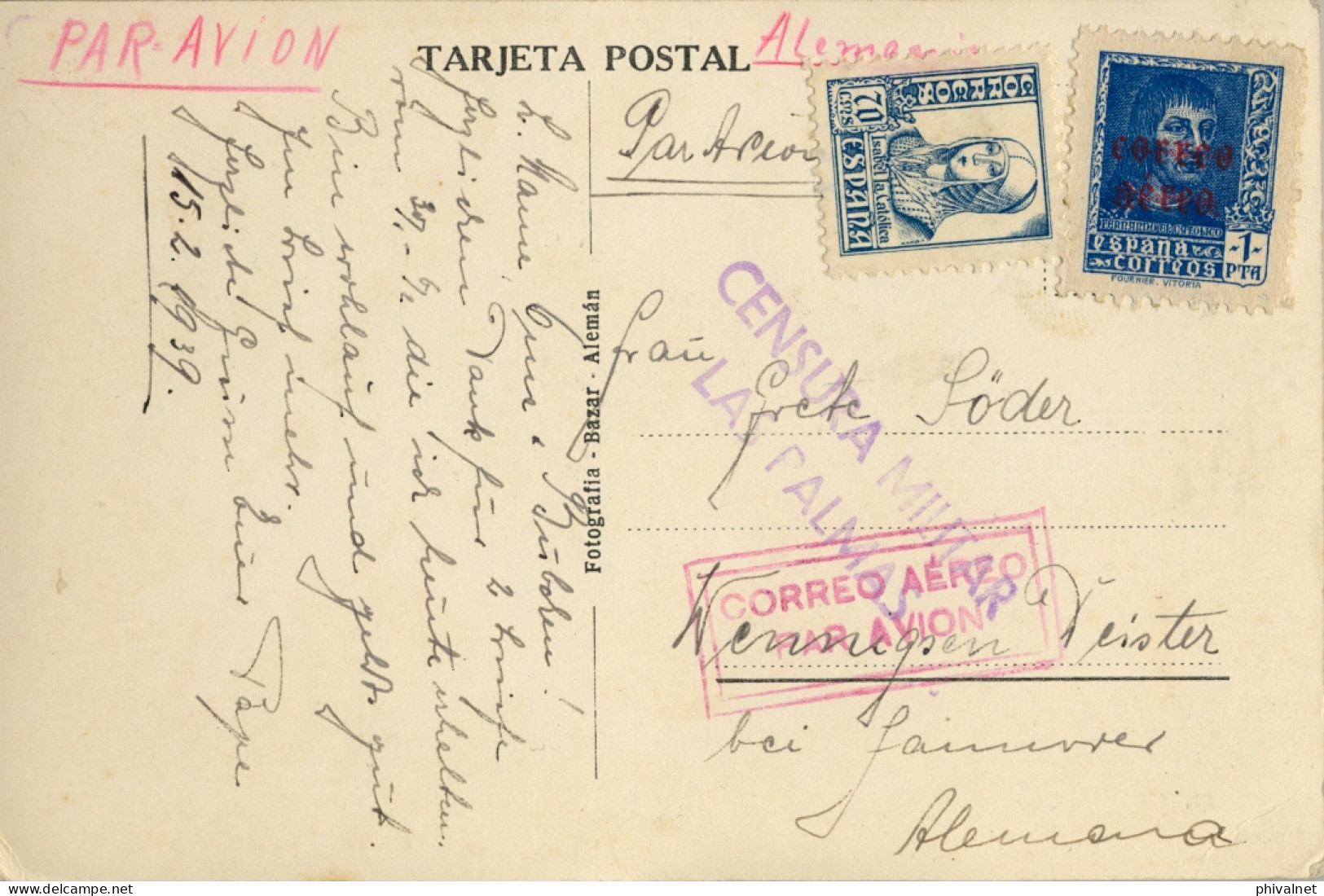 1939 CANARIAS , LAS PALMAS DE GRAN CANARIA , T.P. CIRCULADA , CENSURA MILITAR , POR AVIÓN , SAN MATEO - Storia Postale