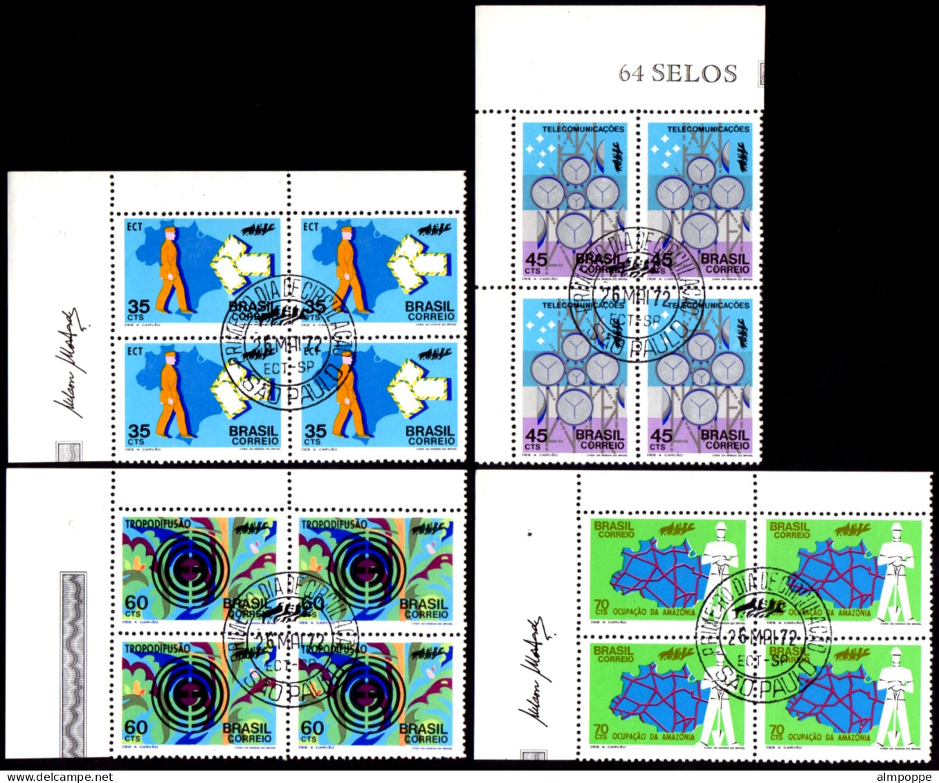 Ref. BR-1223-26-QC BRAZIL 1972 - COMMUNICATIONMI# 1317-20,BLOCK CANCELED 1ST DAY,NH, TELECOMMUNICATION 16V Sc# 1223-1226 - Used Stamps