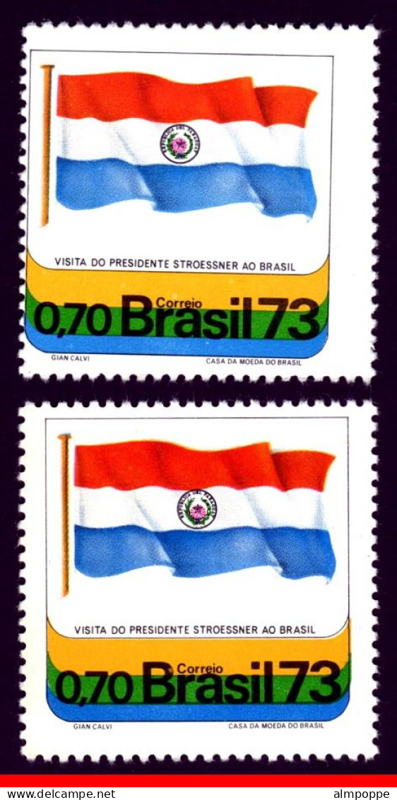 Ref. BR-1280-E BRAZIL 1973 - PERFORATION DISPLACED,*ERROR*, VISIT PRES. PARAGUAY, MNH, FLAGS 2V Sc# 1280 - Fehldrucke