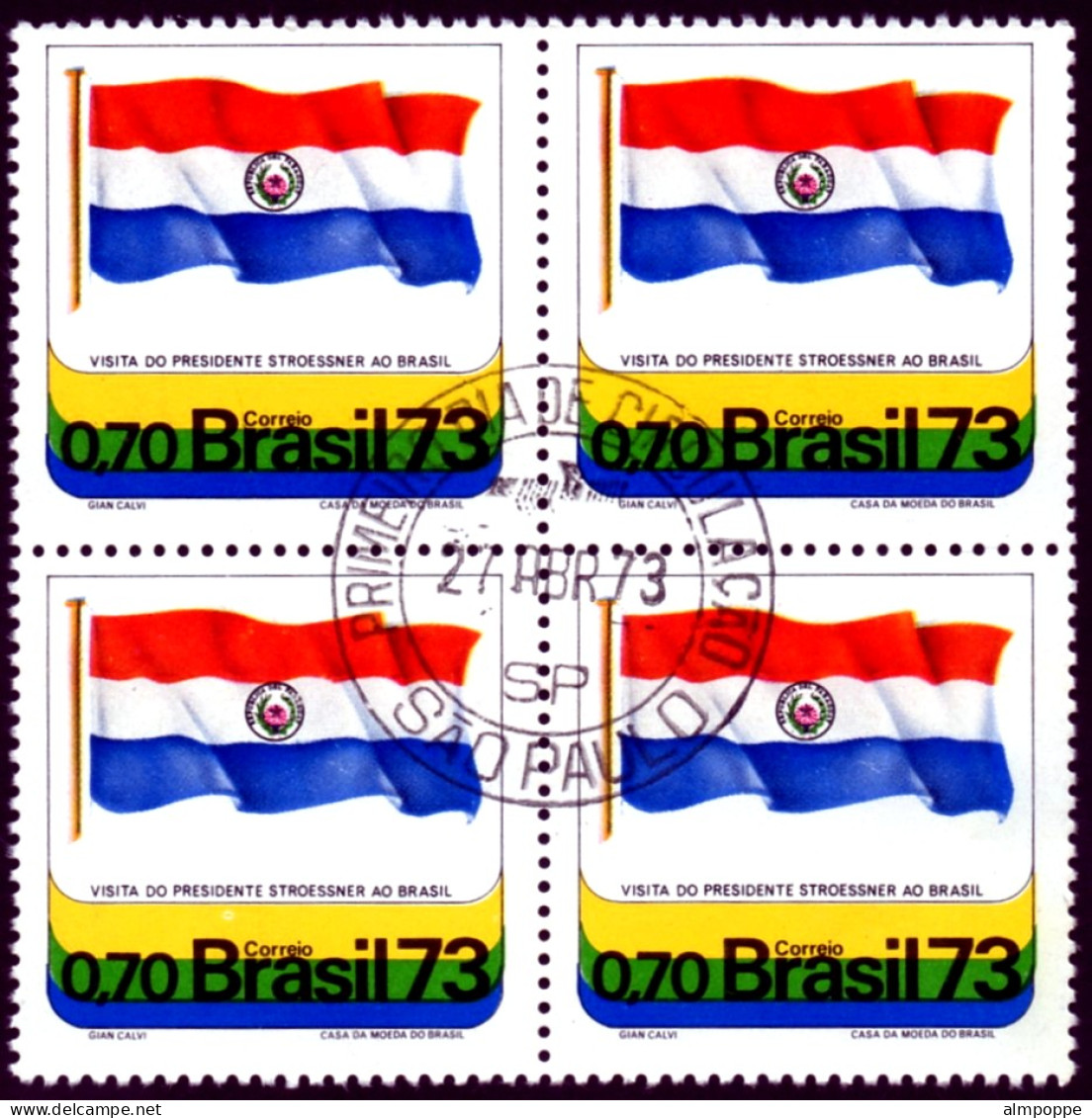 Ref. BR-1280-QC BRAZIL 1973 - VISIT OF PRES. STROESSNEROF PARAGUAY, MI# 1362, BLOCK CANCELED H, FLAGS 4V Sc# 1280 - Usati