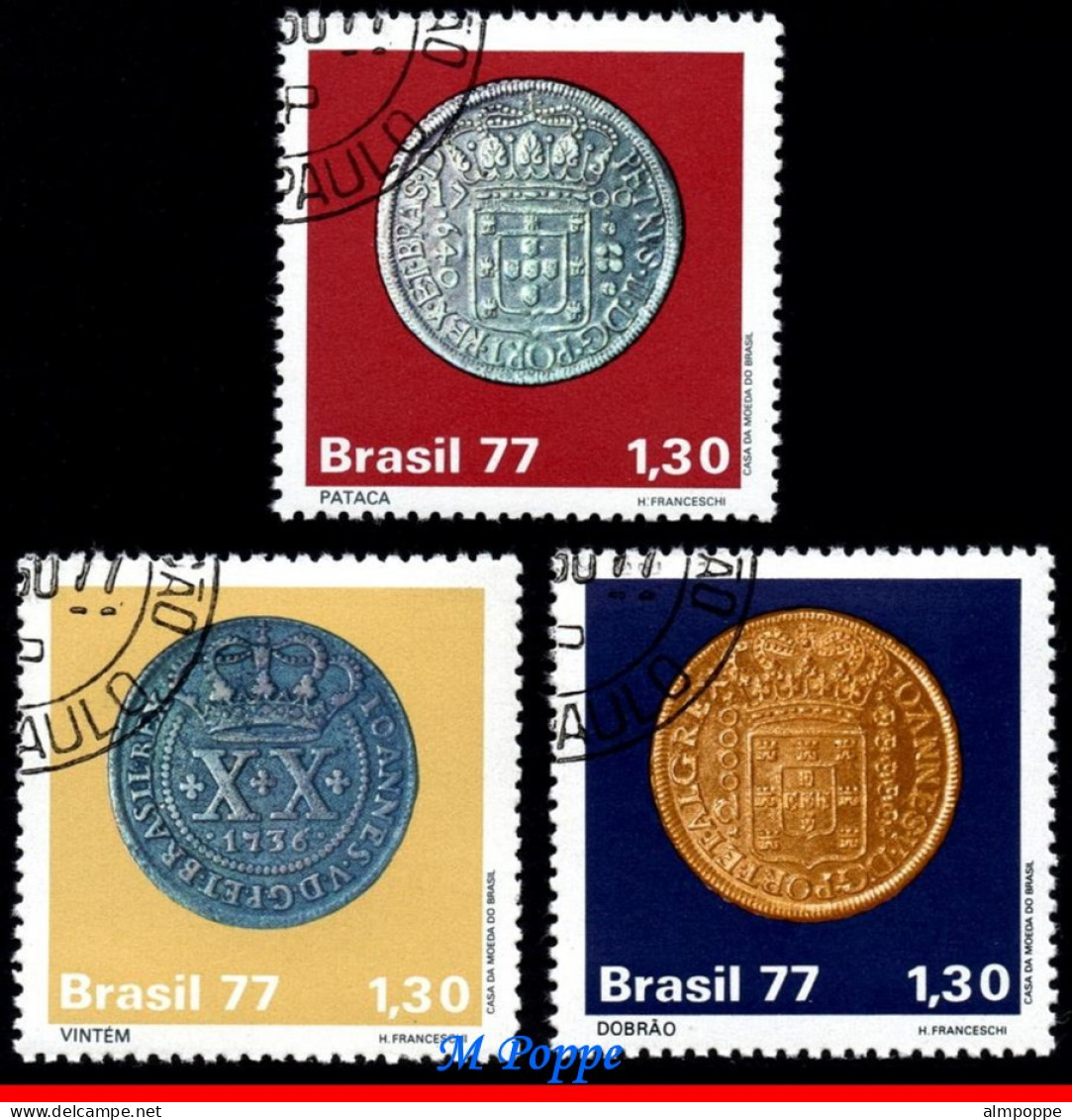 Ref. BR-1523-25-U BRAZIL 1977 - BRAZILIAN COLONIAL COINS,MI# 1615-17, SET USED NH, MONEY ON STAMPS 3V Sc# 1523-1525 - Usati