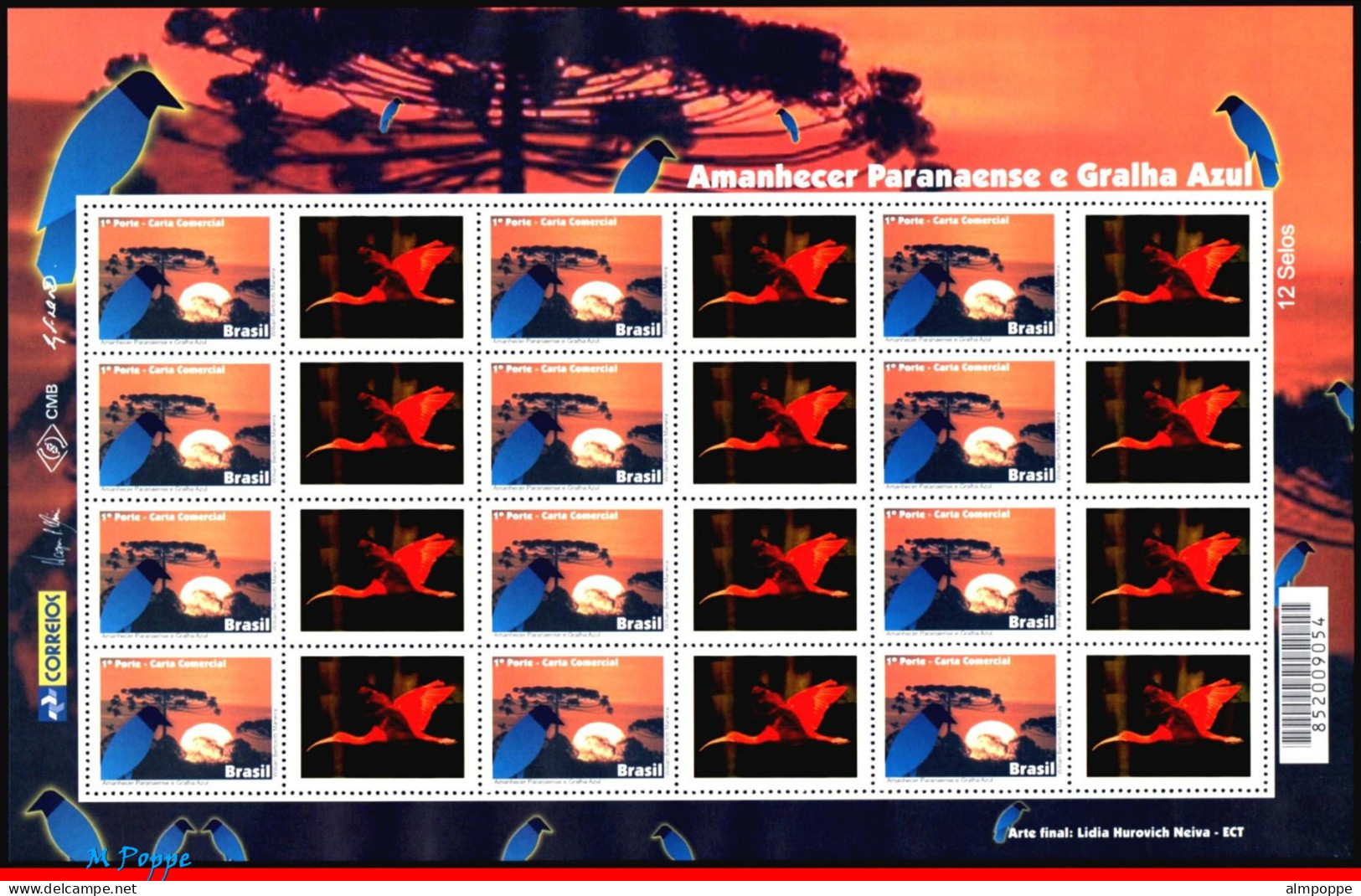 Ref. BR-3203-1FO BRAZIL 2011 - DAWN PARANA,BLUE JACKDAW,BIRDS,MANED,PERSONALIZED MNH, ANIMALS, FAUNA 12V Sc# 3203 - Personalisiert