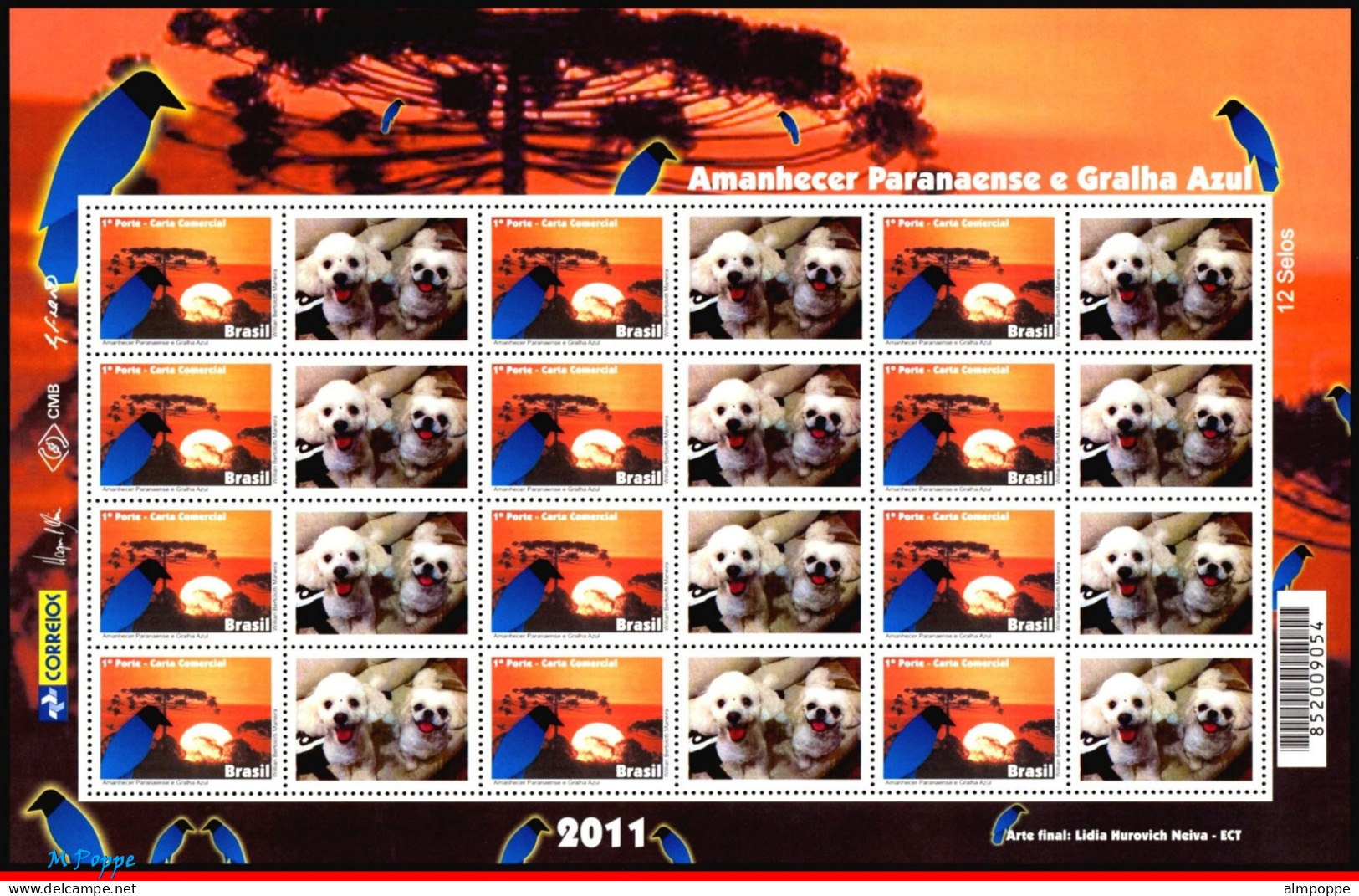 Ref. BR-3203-3FO BRAZIL 2011 - DAWN PARANA, BLUE JACKDAW,BIRDS,DOGS,SHEET PERSONALIZED MNH, ANIMALS, FAUNA 12V Sc# 3203 - Sellos Personalizados