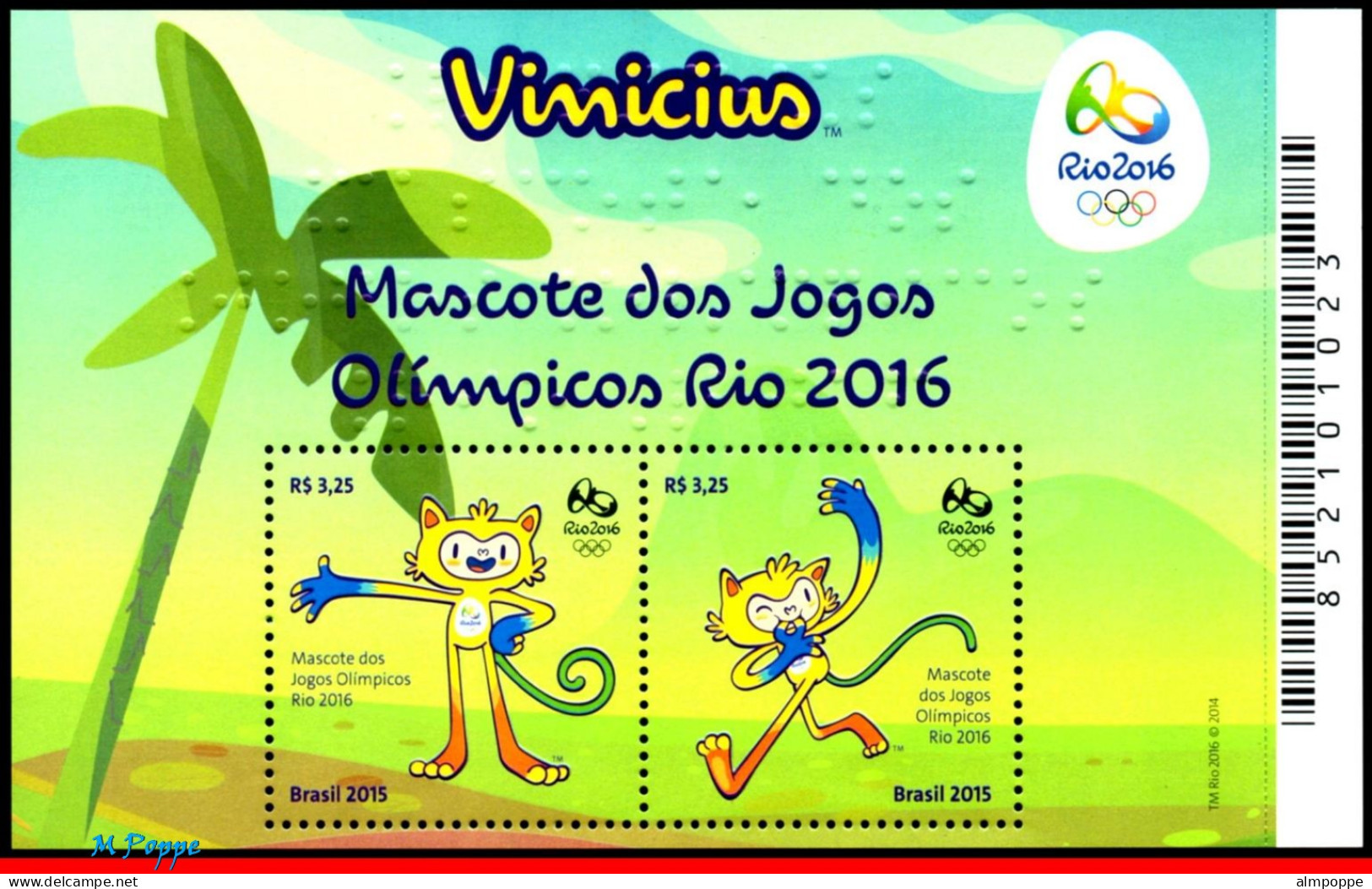 Ref. BR-3319 BRAZIL 2015 - OLYMPIC GAMES, RIO 2016,MASCOT VINICIUS, S/S MNH, SPORTS 2V Sc# 3319 - Summer 2016: Rio De Janeiro