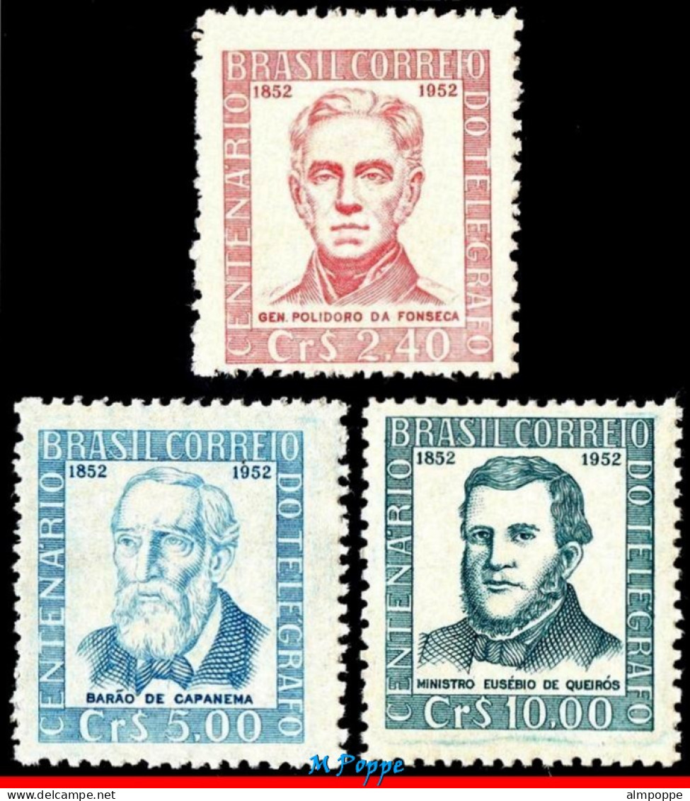 Ref. BR-721-23 BRAZIL 1952 - CENT.OF TELEGRAPH, P. DAFONSECA, CAPANEMA, MI# , SET MNH, FAMOUS PEOPLE 3V Sc# 721-723 - Neufs