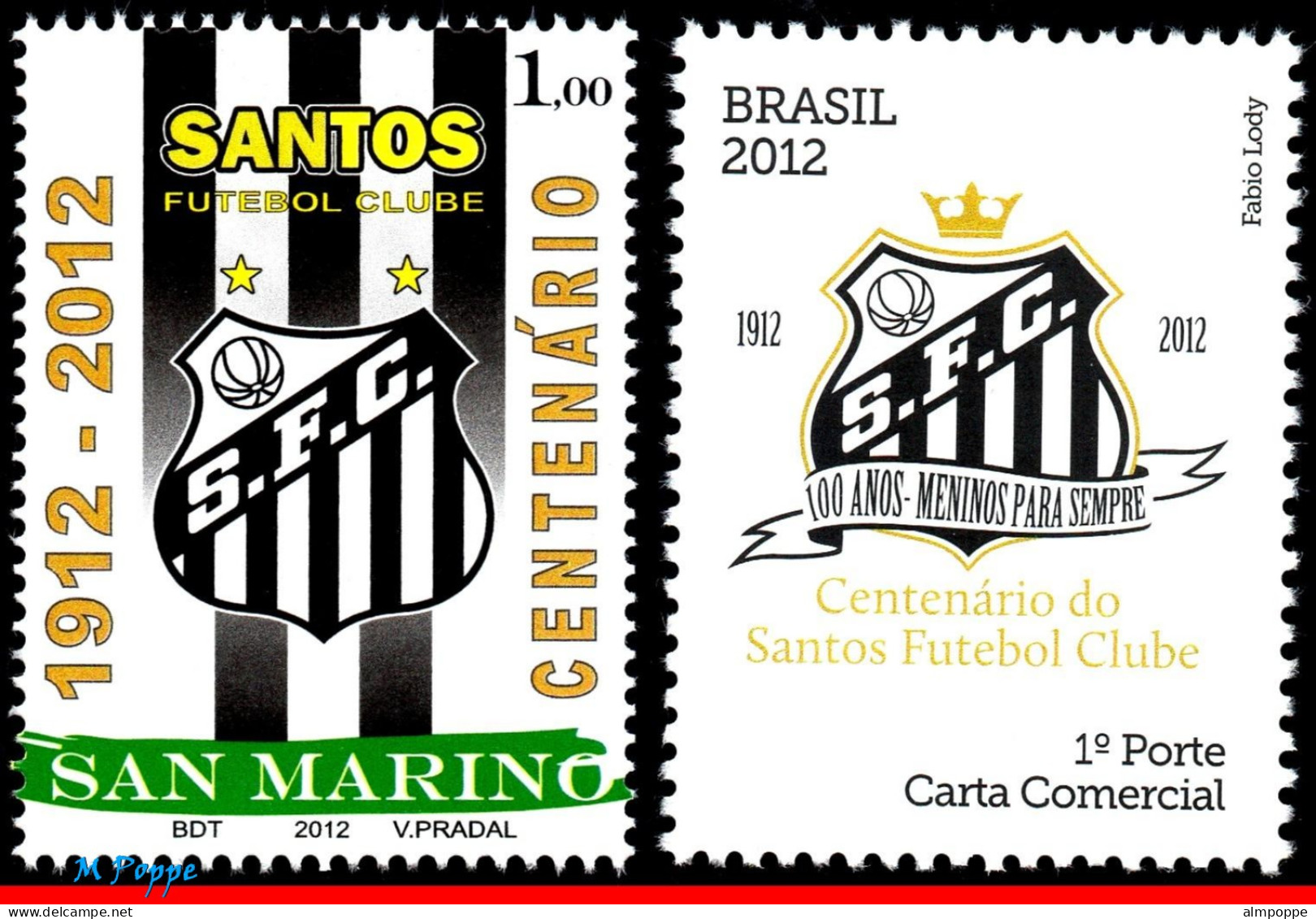 Ref. SM-V2012-2BR SAN MARINO 2012 - AND BRAZIL, SANTOSCENTENATY - FAMOUS CLUBS - MINT MNH, FOOTBALL SOCCER 2V - Clubs Mythiques