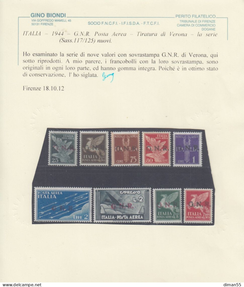 Italy - 1944 R.S.I. - N.A 117-118-119-121 Emiss. VERONA  - CERTIFICATO BIONDI - Gomma Integra  MNH** - Posta Aerea