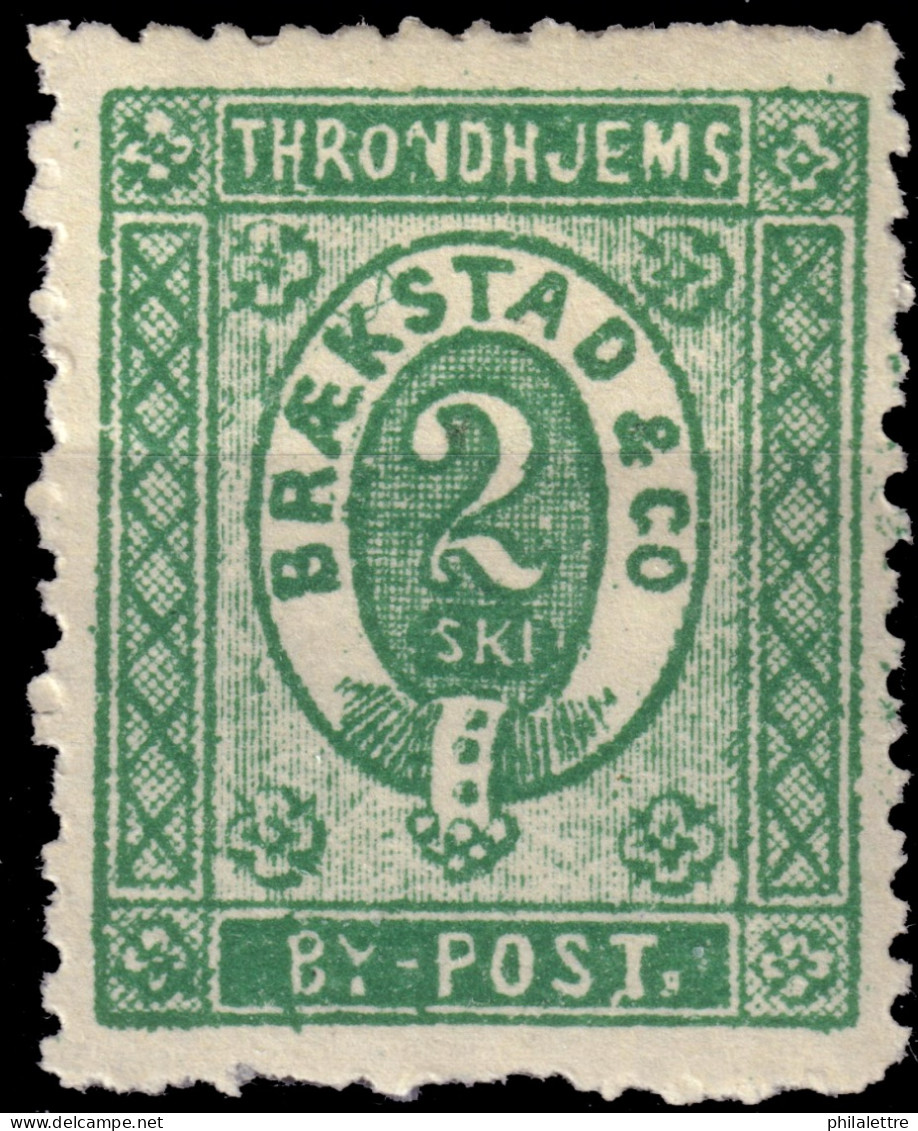 NORVÈGE / NORWAY - Braekstad Local Post TRONDHJEM (Trondheim) 2sk Green (1878 Reprint) - Mint* - Emissioni Locali