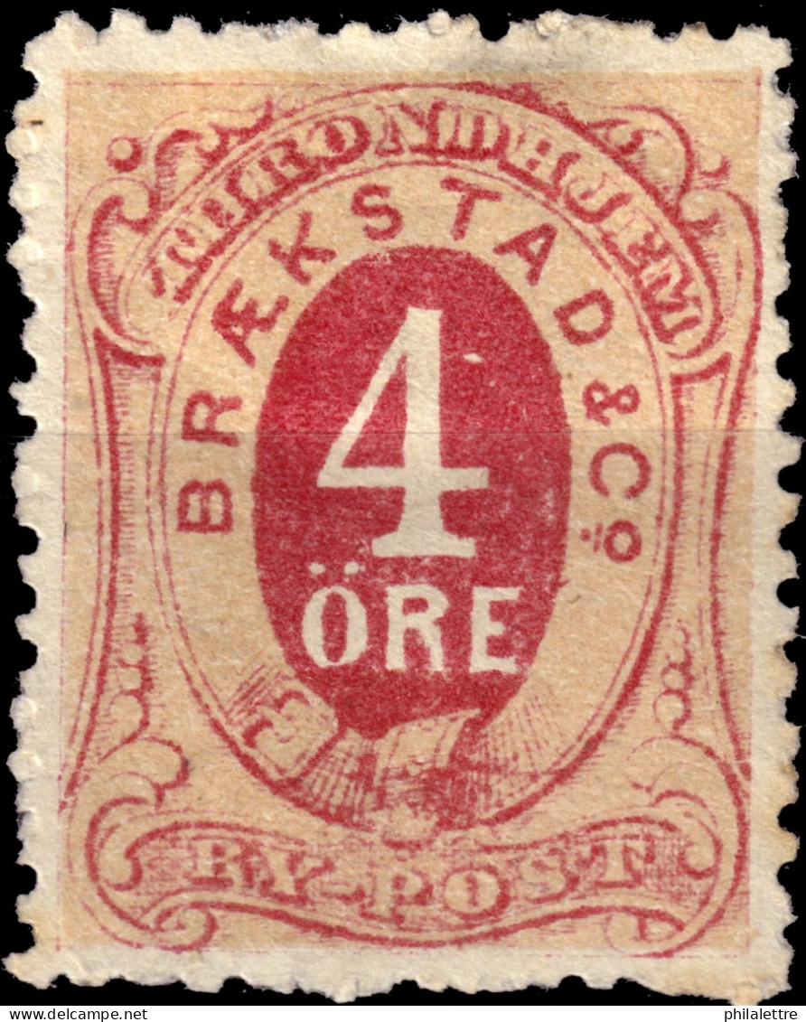 NORVÈGE / NORWAY - Braekstad Local Post TRONDHJEM (Trondheim) 4öre Red & Orange (1877 Type 7) - Mint* - Ortsausgaben