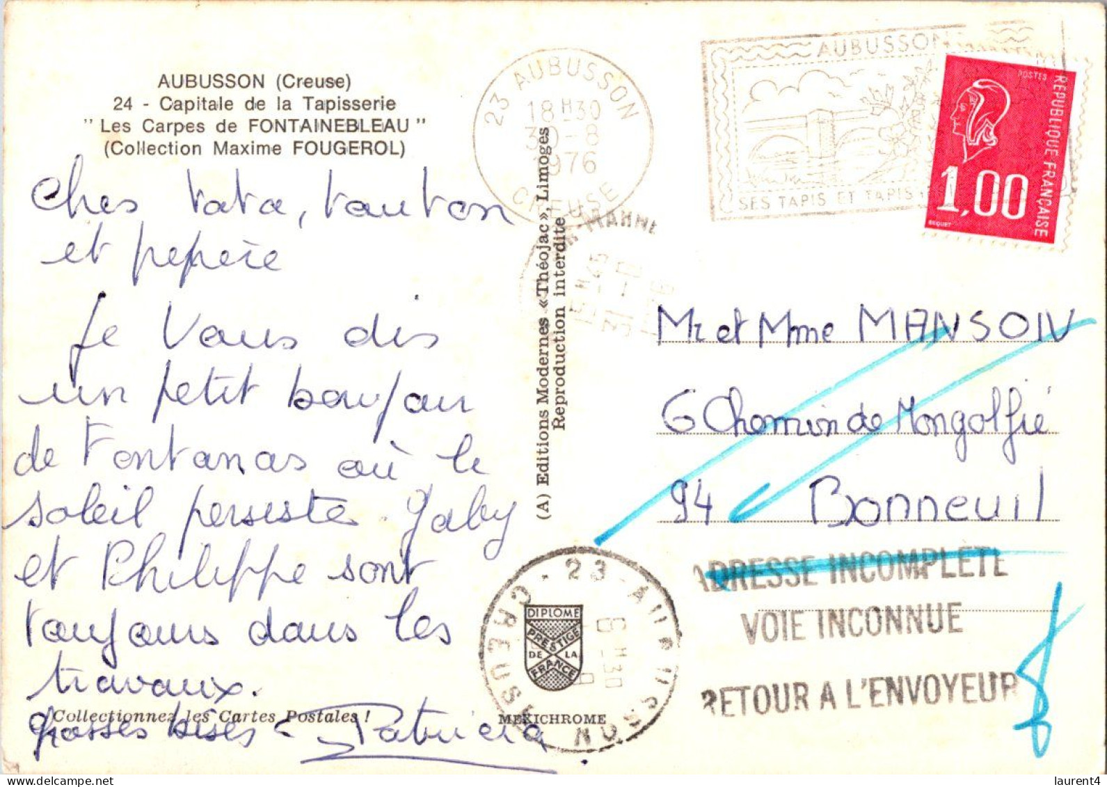 (3 P 35) France - Aubusson Tapisserie (posted 1976) Retour à L'envoyeur / Returned To Sender / RTS - Objets D'art