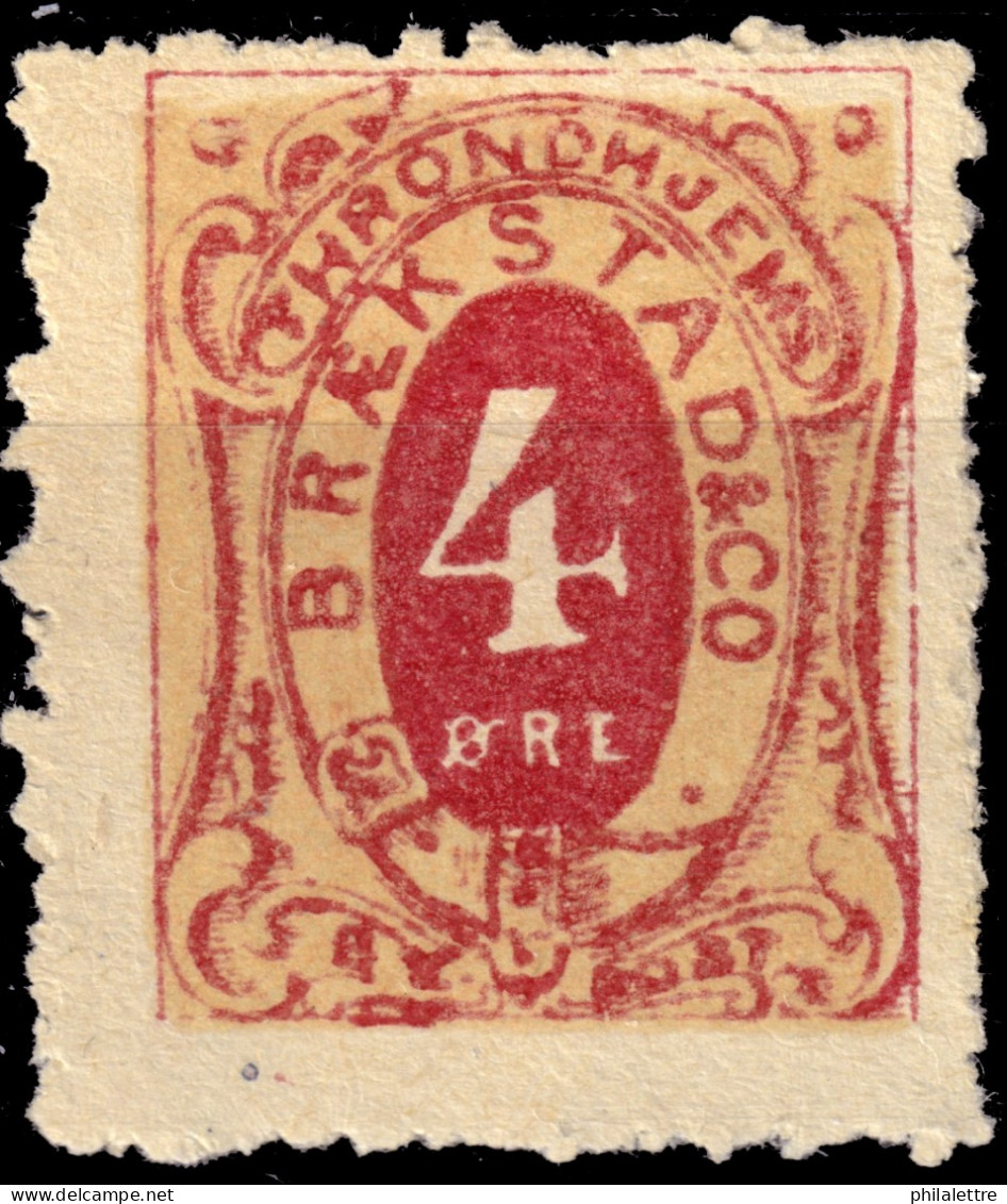 NORVÈGE / NORWAY - Braekstad Local Post TRONDHJEM (Trondheim) 4öre Red & Orange (1878 Type 8 On Thick Paper) - No Gum - Ortsausgaben