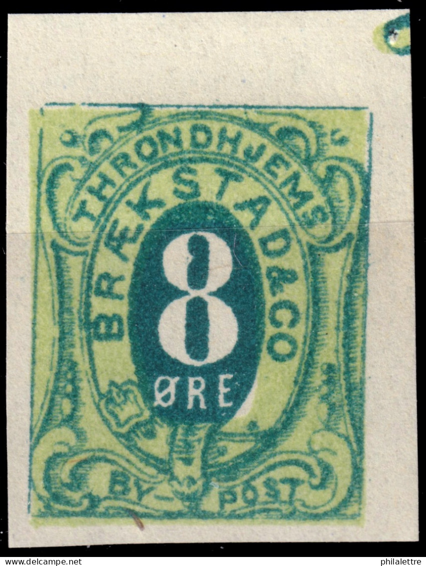NORVÈGE / NORWAY - Braekstad Local Post TRONDHJEM (Trondheim) 8öre Green & Pale Green IMPERF. (1878 Type 8) - No Gum - Lokale Uitgaven