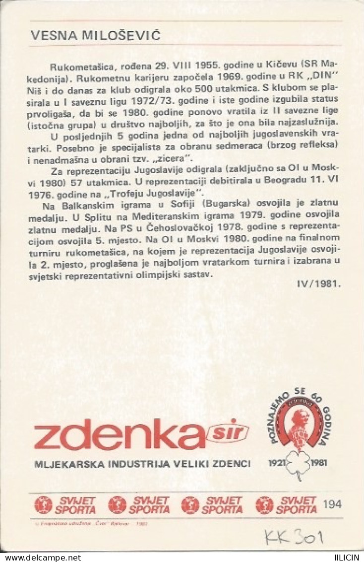 Trading Card KK000301 - Svijet Sporta Handball Yugoslavia Serbia Vesna Milosevic 10x15cm - Handball