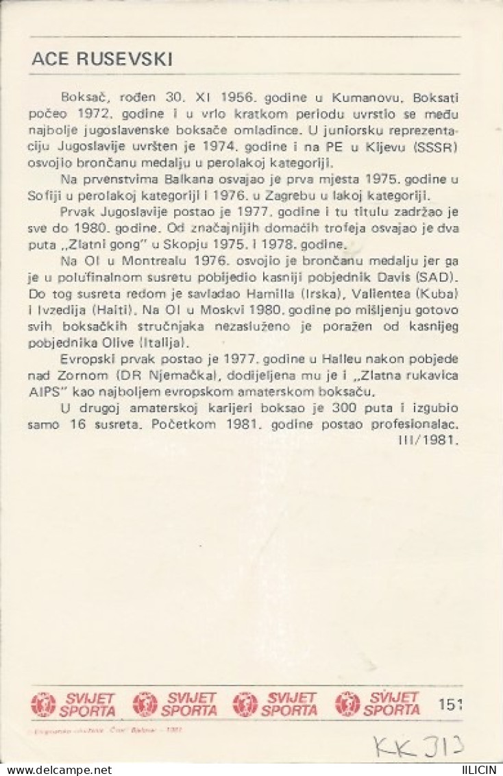 Trading Card KK000313 - Svijet Sporta Boxing Yugoslavia Macedonia Ace Rusevski 10x15cm - Trading Cards