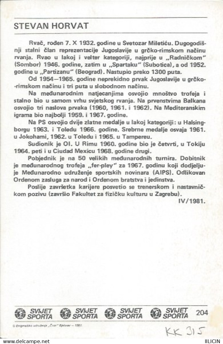 Trading Card KK000315 - Svijet Sporta Wrestling Yugoslavia Serbia Stevan Horvat 10x15cm - Tarjetas