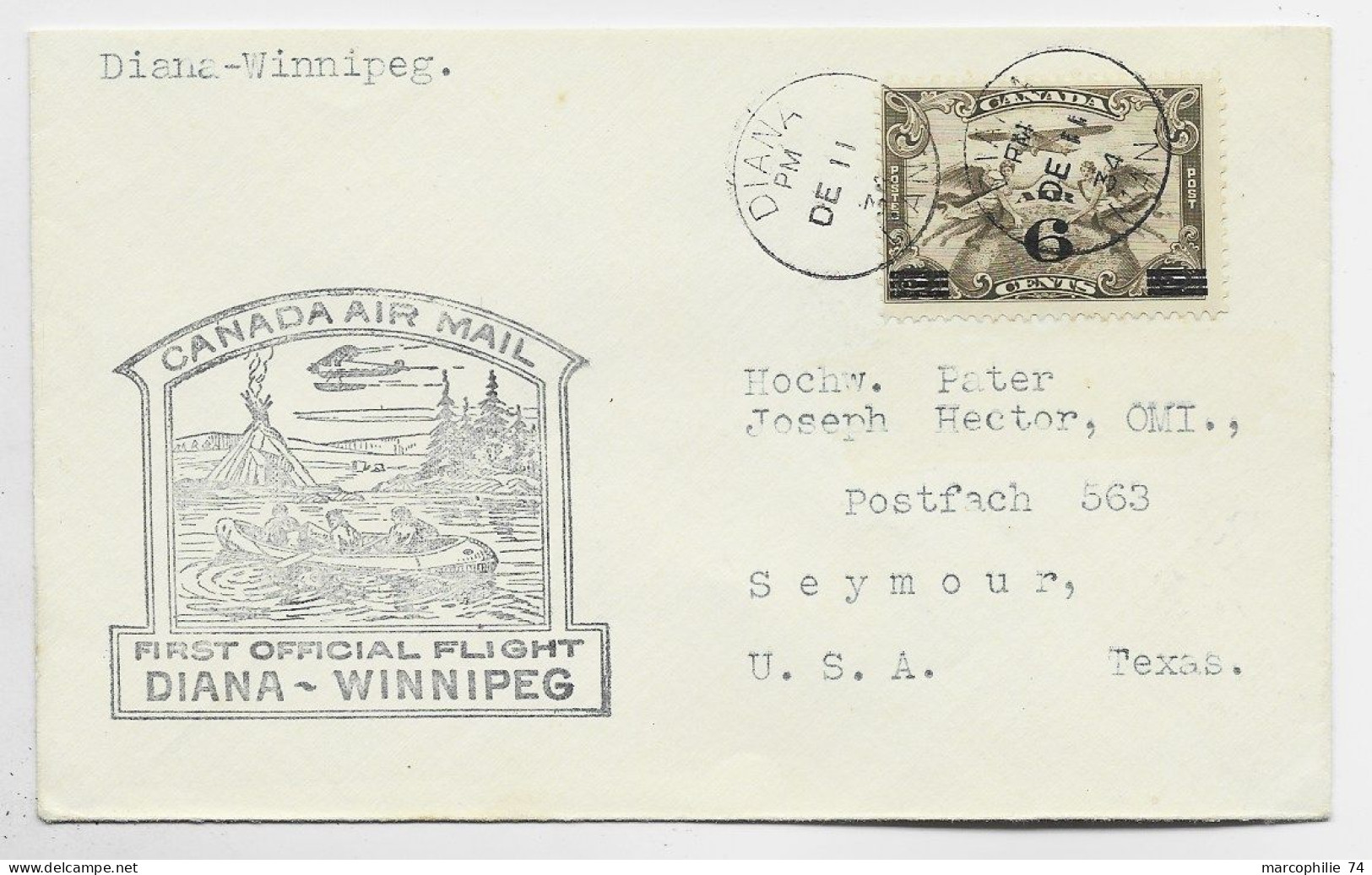 CANADA PA 6C SOLO LETTRE COVER DIANA WINNIPEG DE 11 1934 TO USA - Covers & Documents