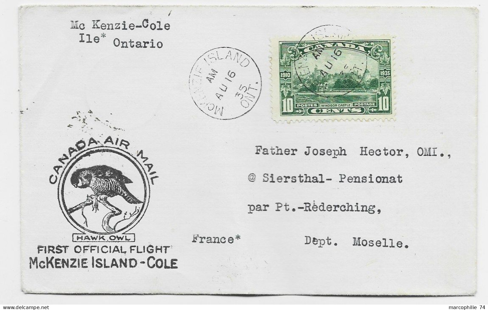CANADA 10C  SOLO LETTRE COVER MC KENZIE ISLAND AU 16 1935 AIR MAIL TO FRANCE - Covers & Documents