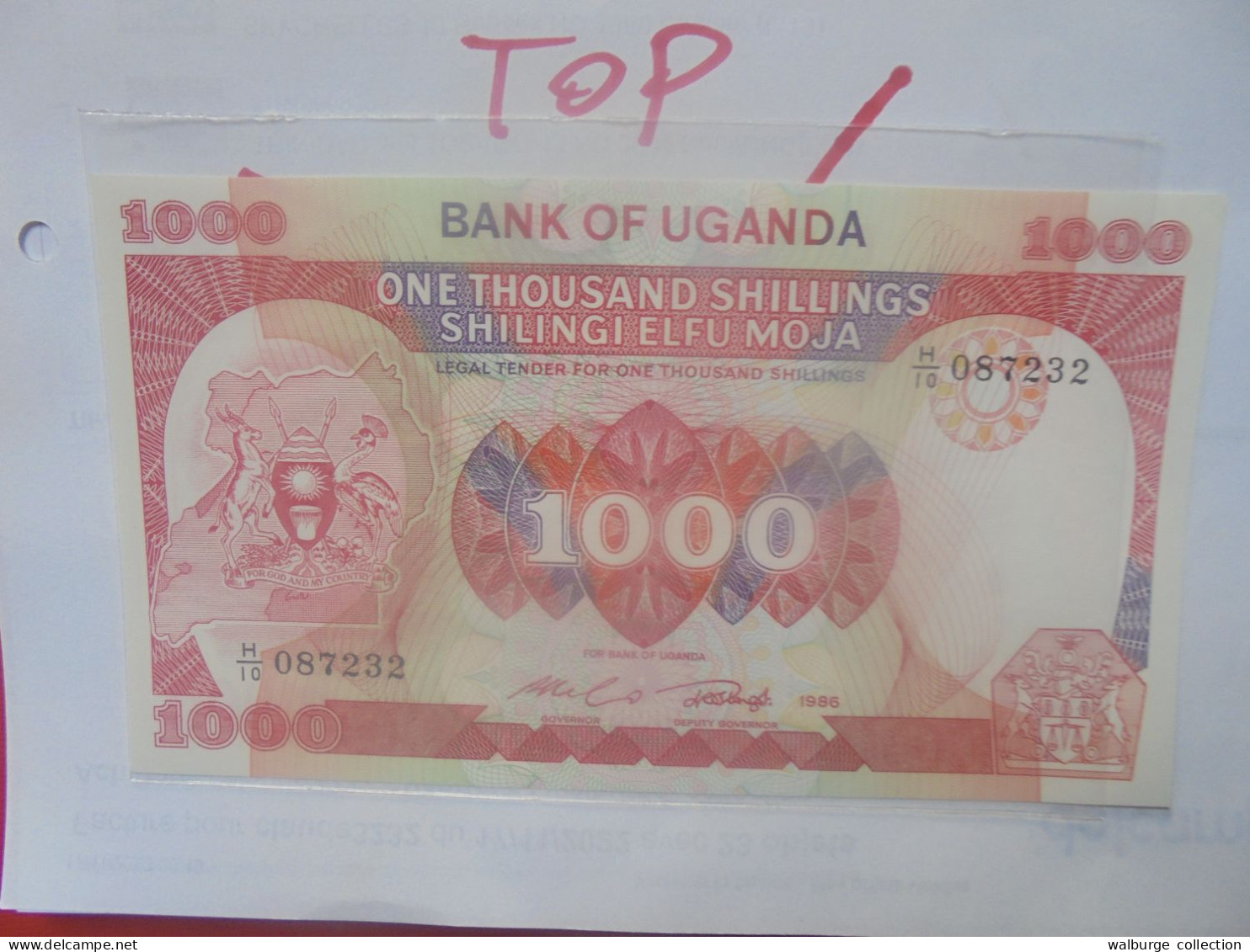 OUGANDA 1000 SHILLINGS 1986 Watermark Crested Crane Neuf/UNC (B.29) - Ouganda