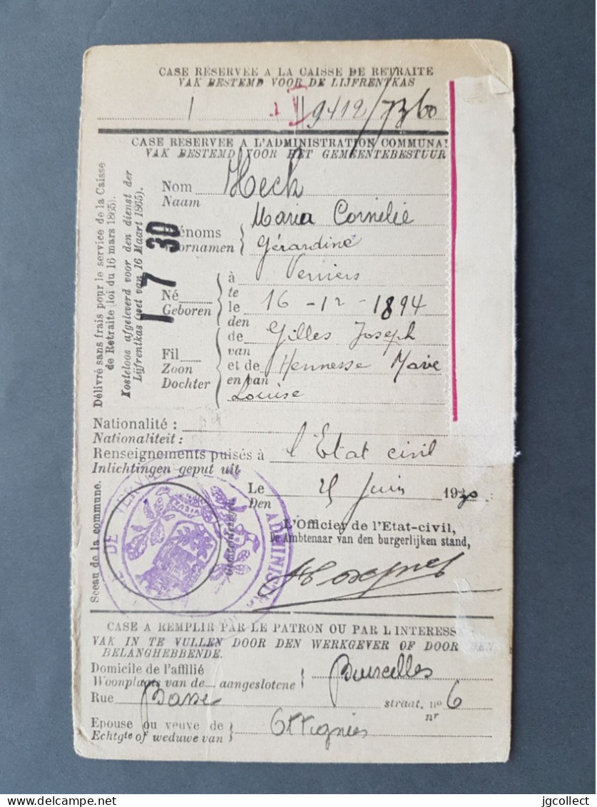 Typo 209A (Bruxelles 1929 Brussel) Kaartje 'aansluiting Lijfrentekast' / Carte 'Demande D'Affiliation Caise De Retraite' - Typos 1929-37 (Lion Héraldique)