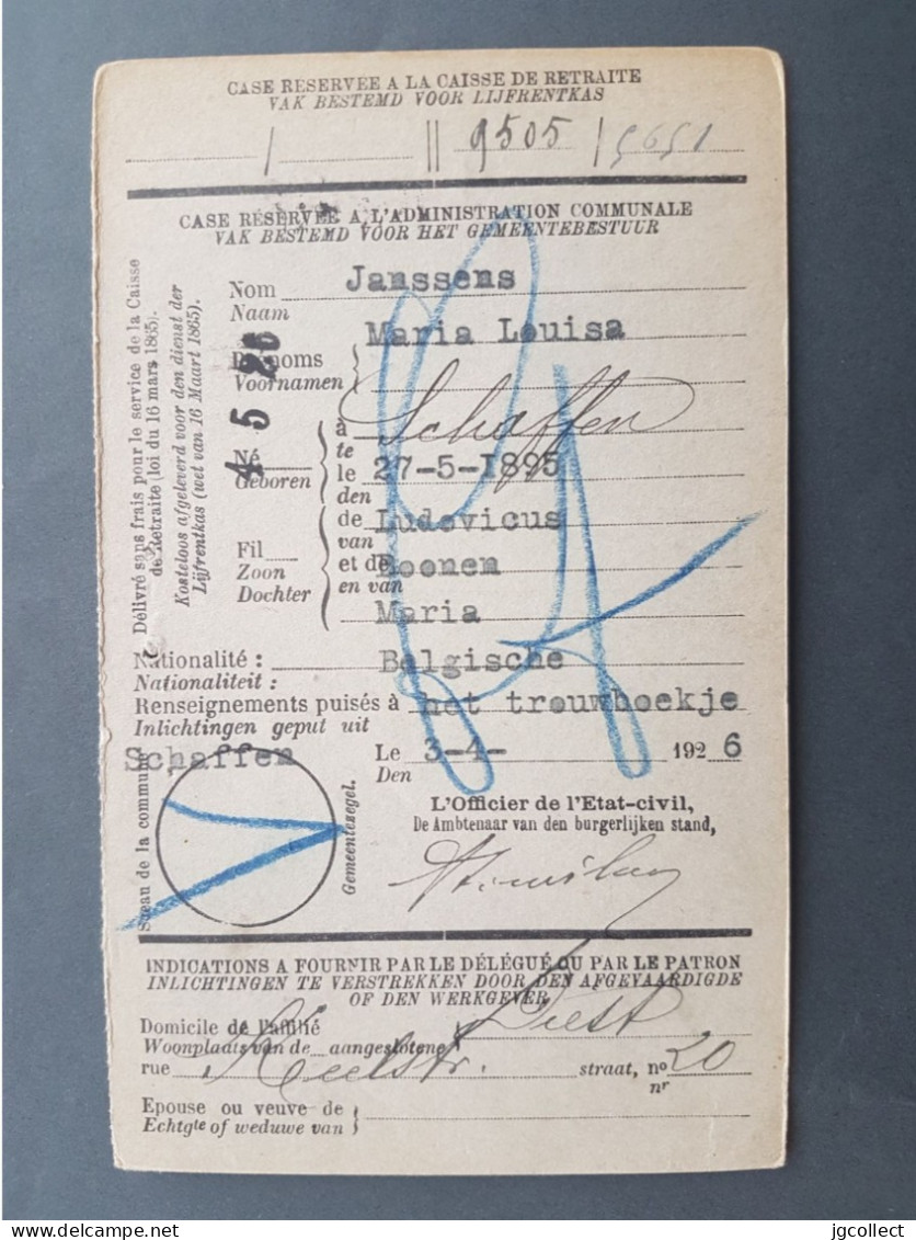 Typo 141A (Bruxelles 192 Brussel) Kaartje 'aansluiting Lijfrentekast' / Carte 'Demande D'Affiliation Caise De Retraite' - Sobreimpresos 1922-26 (Alberto I)