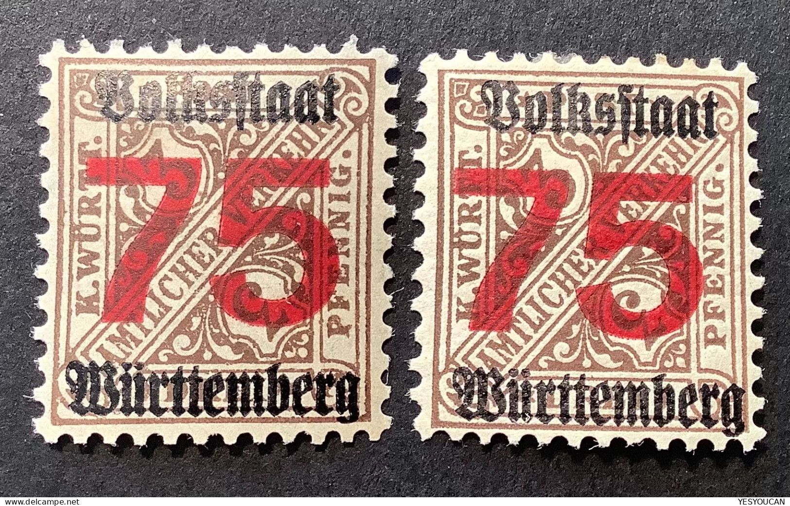 Württemberg Mi 271Y SELTENE OHNE WZ, TADELLOS * 1919 Dienstmarken 75Pf/3Pf (MH VF Wurtemberg - Ungebraucht