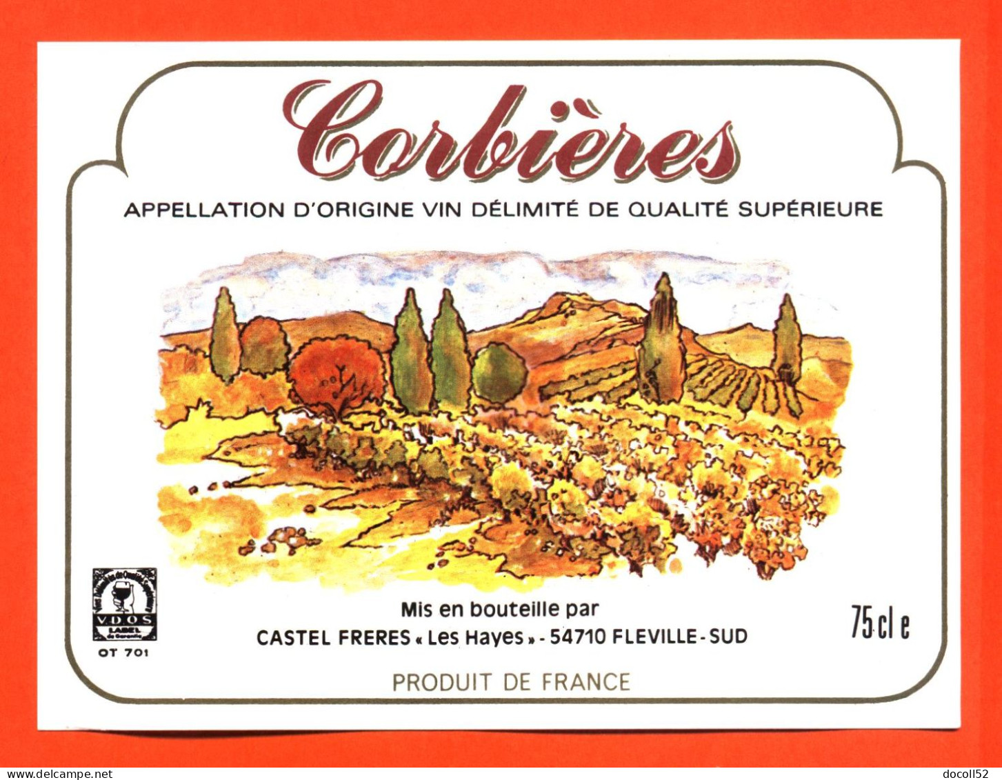 Etiquette Neuve De Vin Corbières Castel Frères à Fléville Sud - 75 Cl - Vin De Pays D'Oc