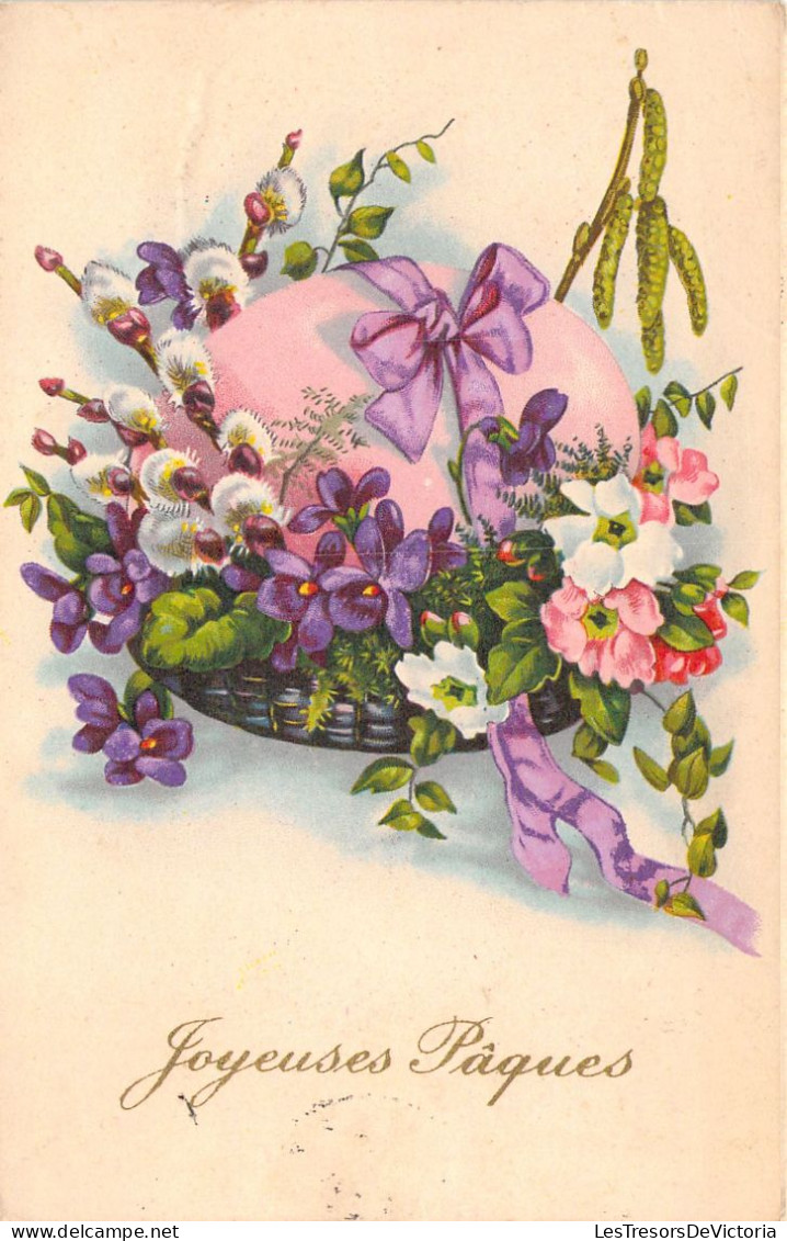 Pâques - Oeuf Rose Dans Un Panier De Fleurs  - Carte Postale Animée - Ostern