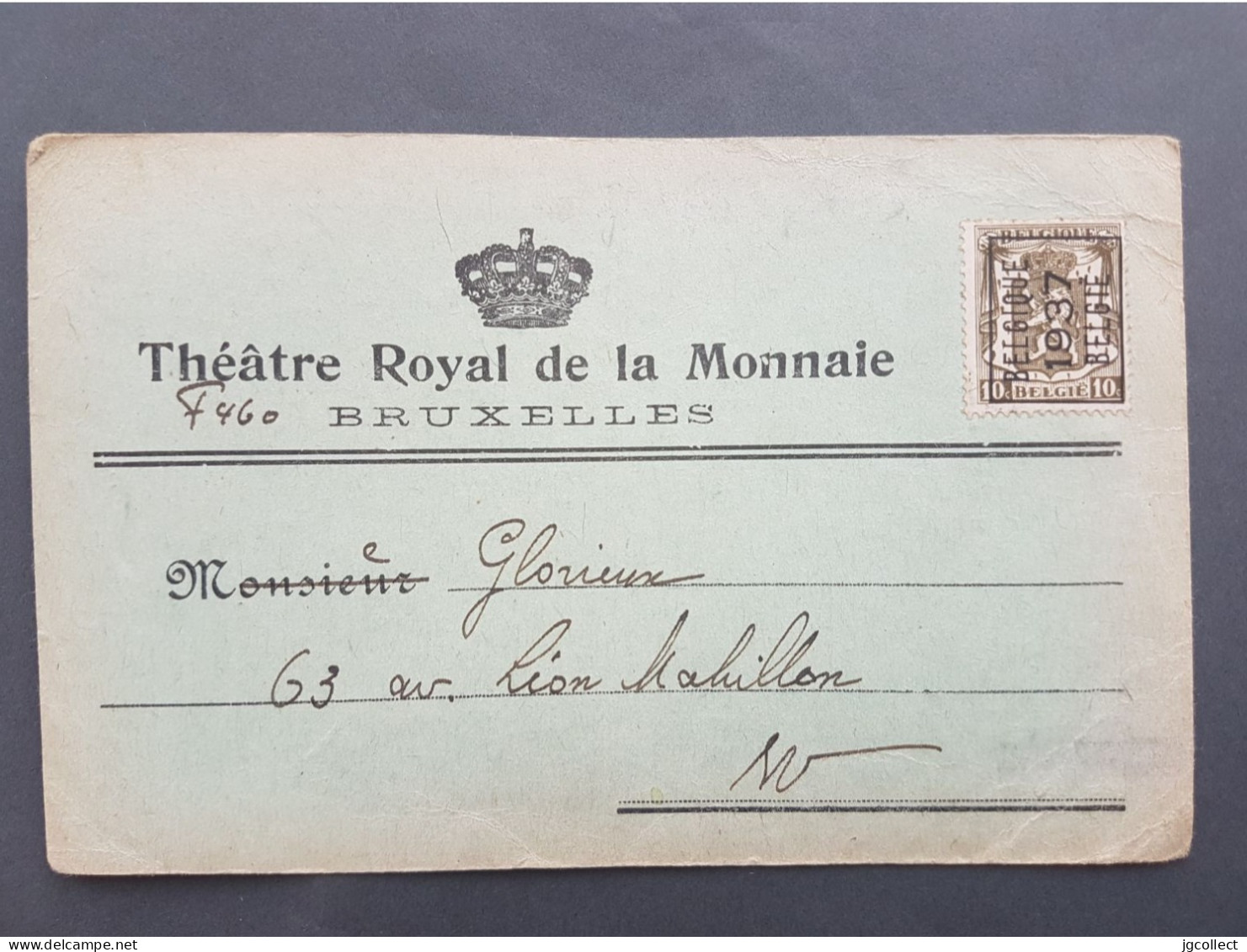 Typo 326A (Belgique 1937 België) Op Kaartje Munttheater / Théatre Royal De La Monnaie - Jan 1938 - Typo Precancels 1936-51 (Small Seal Of The State)