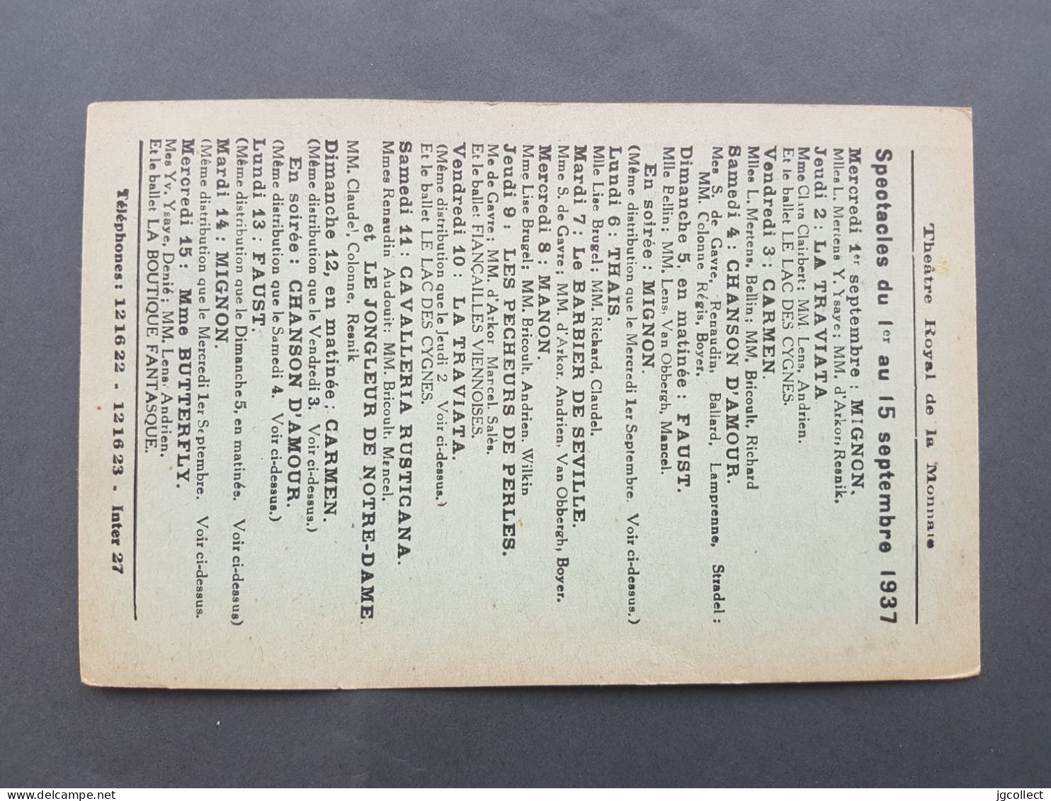 Typo 327A (Bruxelles 1937 Brussel) Op Kaartje Munttheater / Théatre Royal De La Monnaie - Sep 1937 - Typos 1936-51 (Petit Sceau)