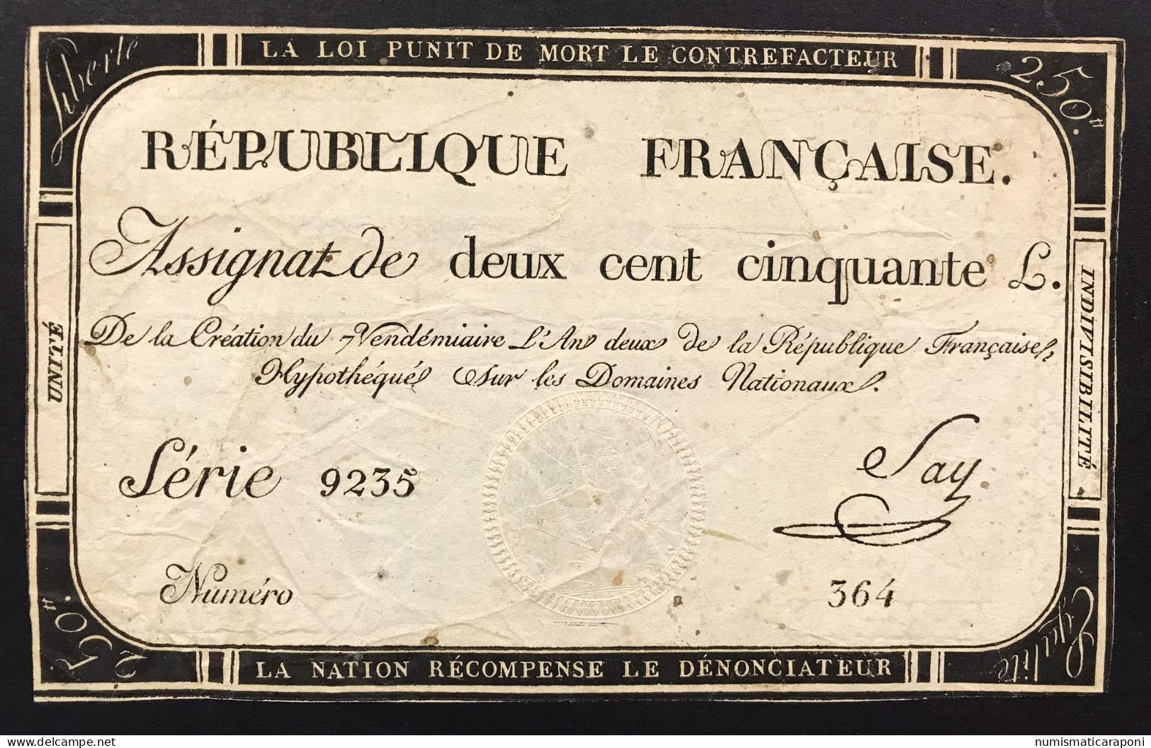 Francia France Assignat De 250 Livres  Lotto.1577 - ...-1889 Tijdens De XIXde In Omloop