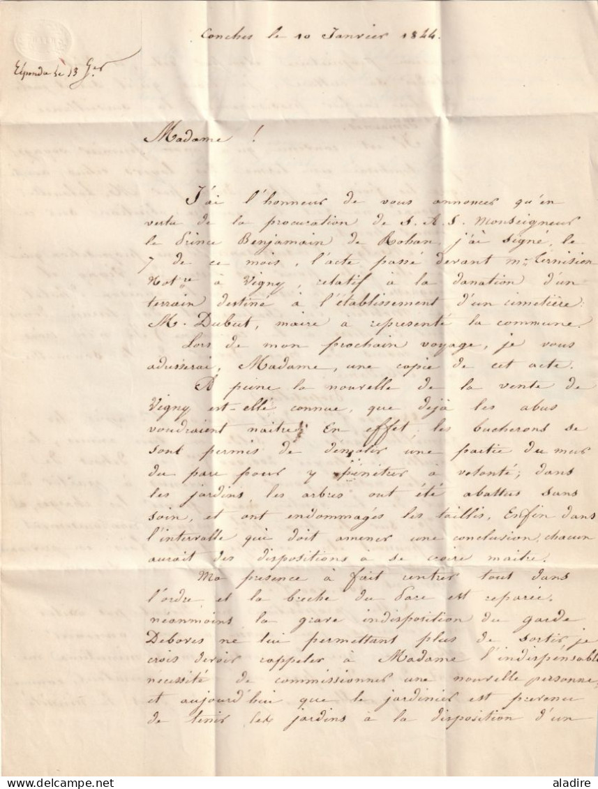 1844 - lettre pliée avec corresp de 3 p. de CONCHES, Eure vers PARIS - cad d'arrivée - donation de terrain