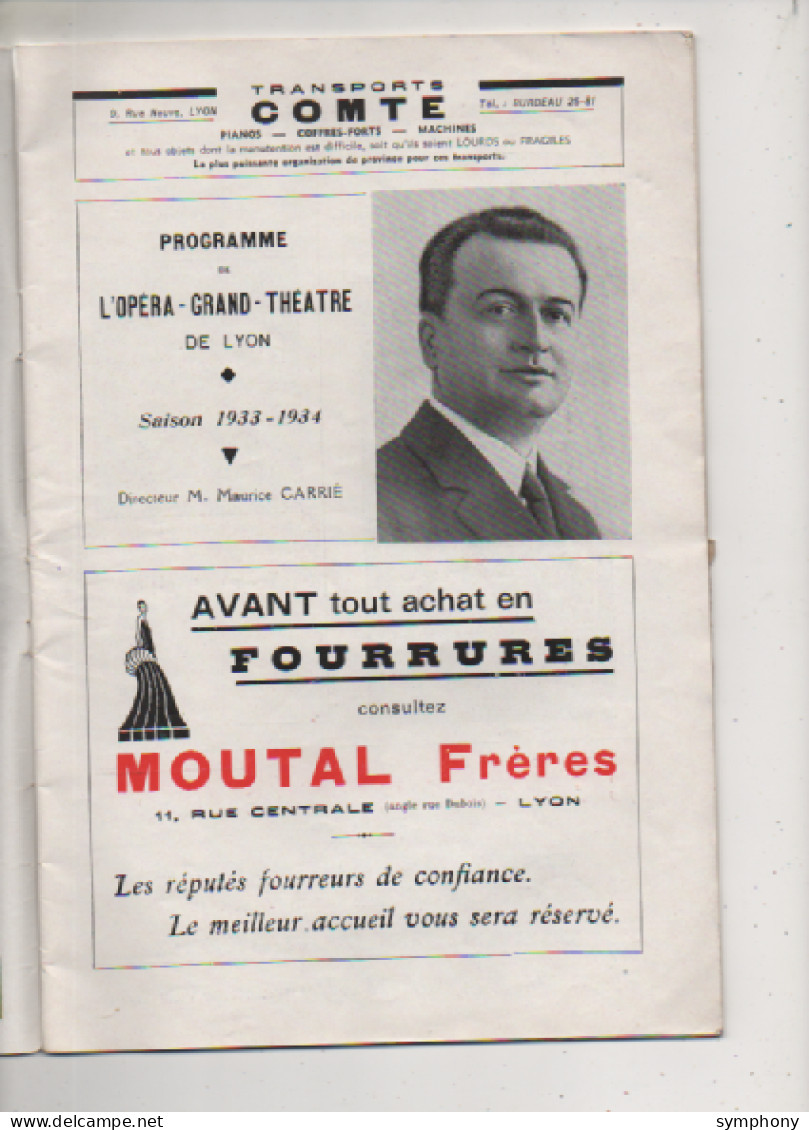 OPERA GRAND THEATRE DE LYON - Saison 1933-1934 - Programme Officiel - Les Contes D'Hoffmann - 20 Pages - Pubs - - Programmes