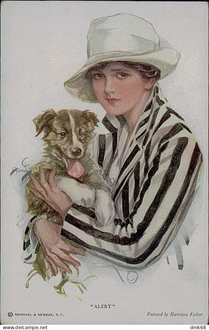 HARRISON FISCHER SIGNED 1910s POSTCARD - ALERT - WOMAN & DOG - EDIT REINTHAL & NEWMAN - N.763 (4191) - Fisher, Harrison