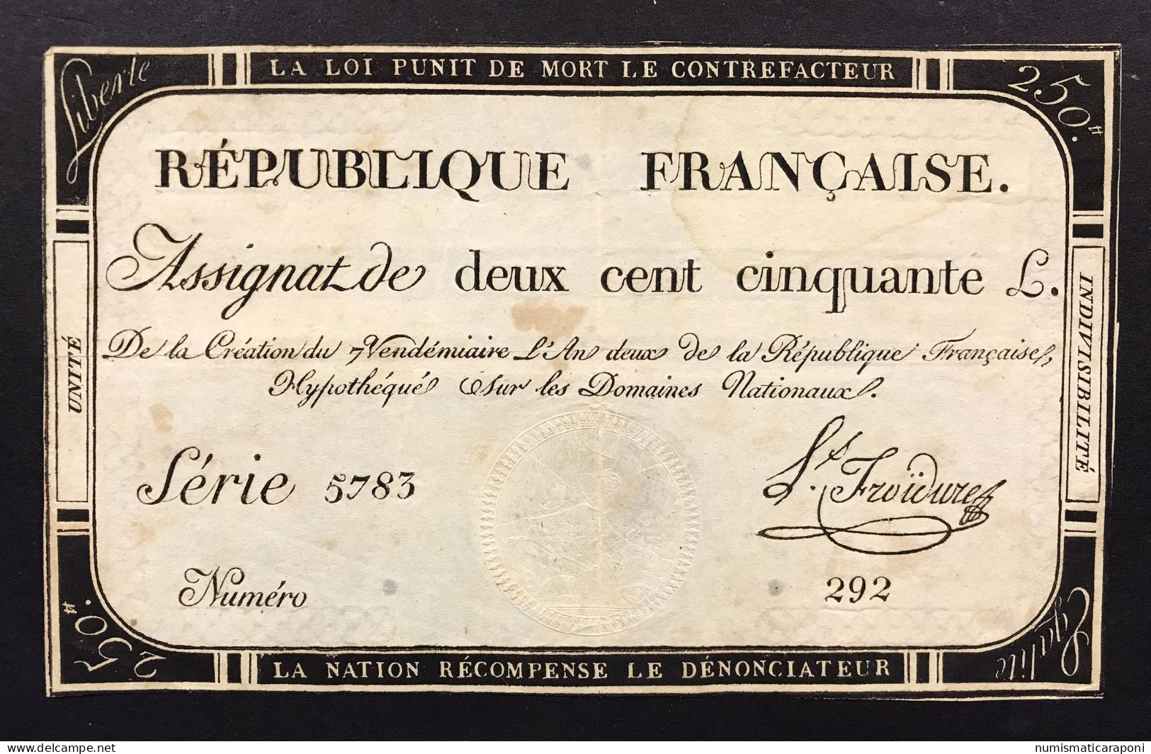 Francia France Assignat De 250 LIVRES 28 SETTEMBRE 1793 7 VENDÉMIAIRE Lotto.1643 - ...-1889 Francs Im 19. Jh.