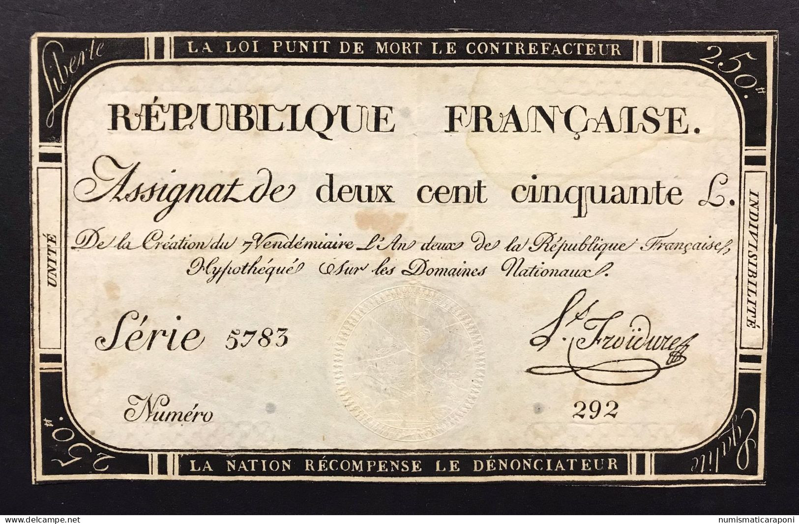 Francia France Assignat De 250 LIVRES 28 SETTEMBRE 1793 7 VENDÉMIAIRE Lotto.1643 - ...-1889 Circulated During XIXth