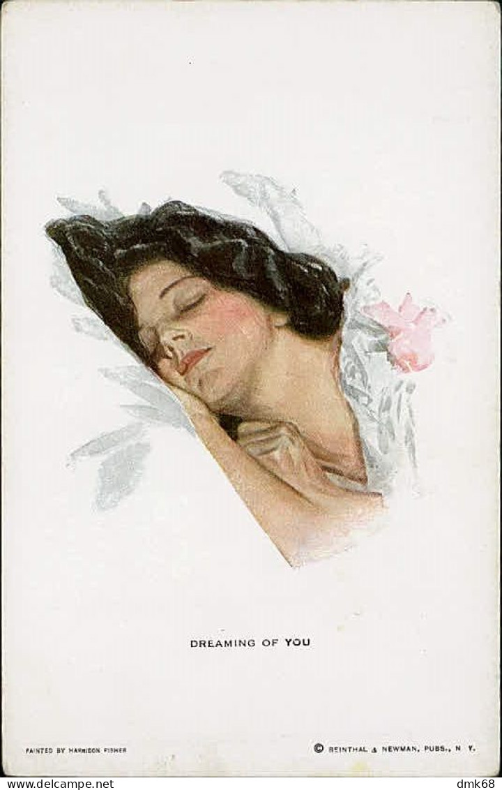 HARRISON FISCHER SIGNED 1910s POSTCARD - DREAMING OF YOU - WOMAN IN THE BED  - EDIT REINTHAL & NEWMAN - N.252 (4194) - Fisher, Harrison
