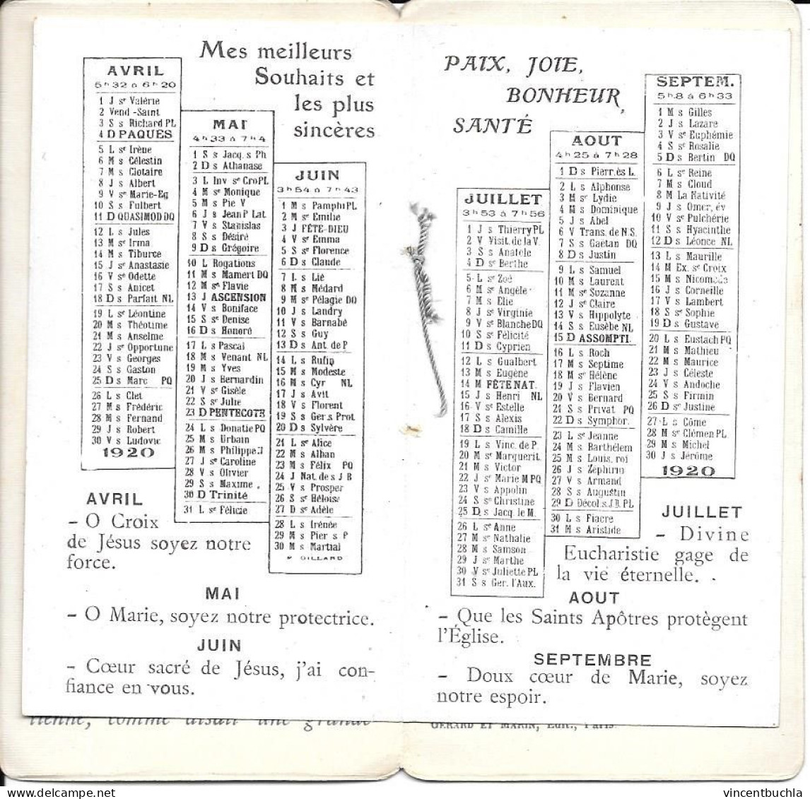 Calendrier 1920 Heureuse Et Sainte Année Marie Notre Mère Format 11,5 X 6cm - Small : 1901-20