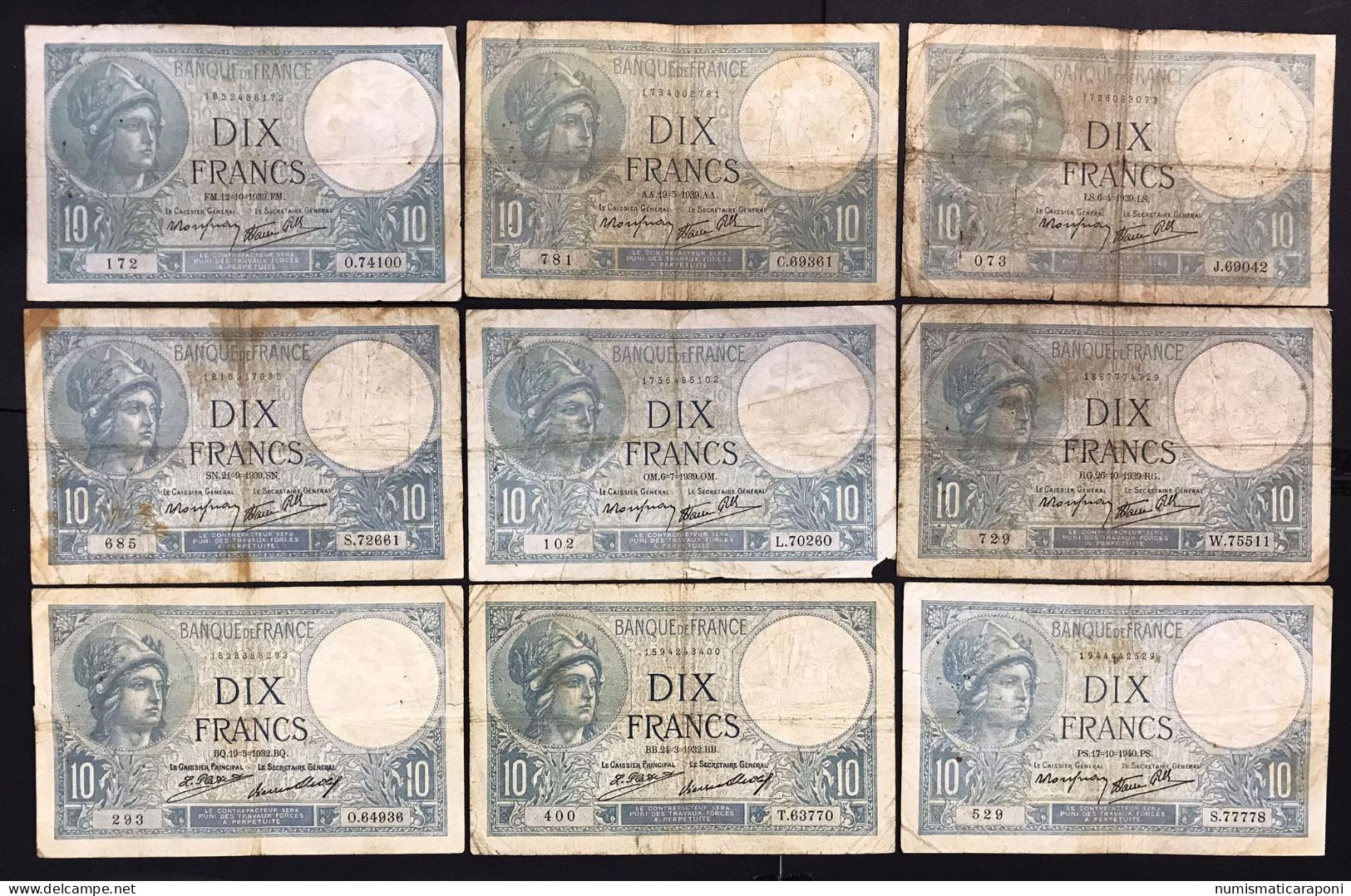 FRANCIA France 10 Francs 1932 X 2 + 1939 X 6 + 1940 X 5 Tutti Con Date Diverse  LOTTO 1705 - 10 F 1916-1942 ''Minerve''