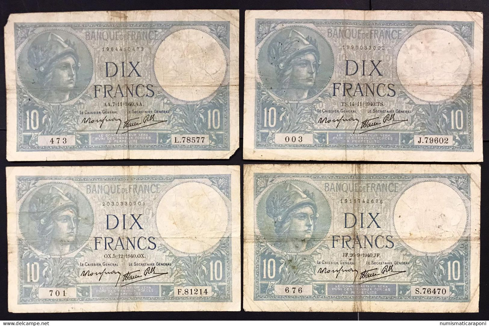 FRANCIA France 10 Francs 1932 X 2 + 1939 X 6 + 1940 X 5 Tutti Con Date Diverse  LOTTO 1705 - 10 F 1916-1942 ''Minerve''