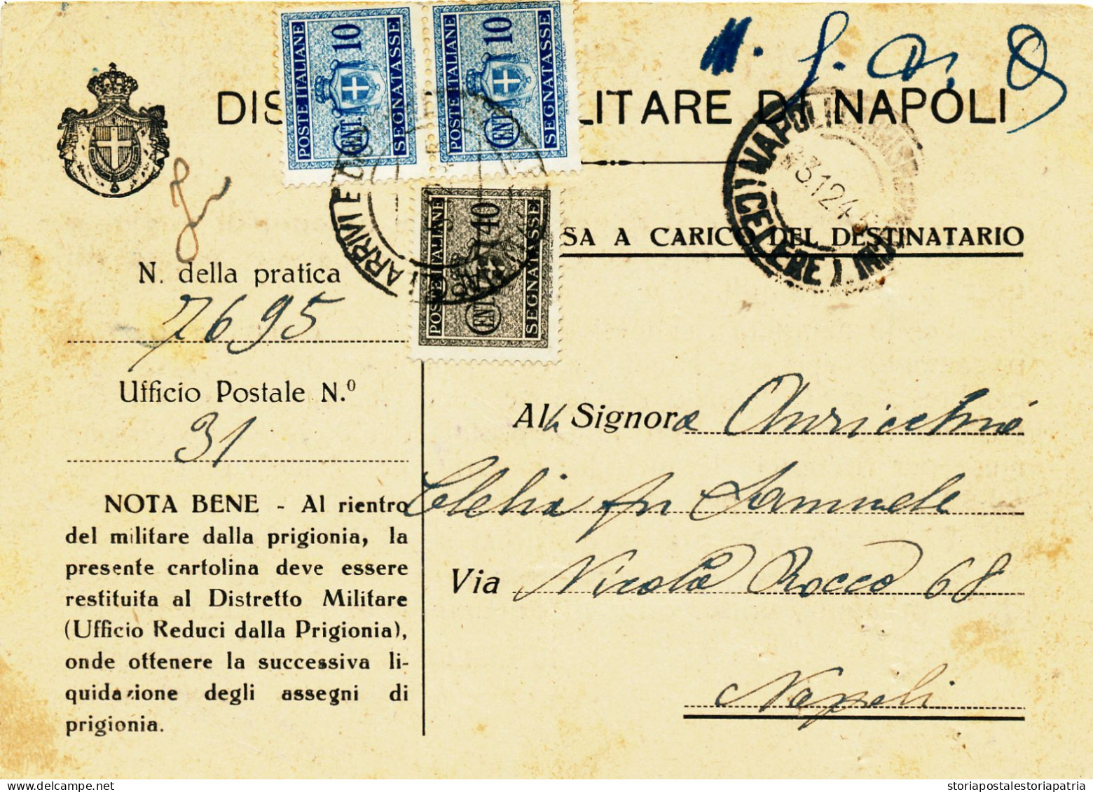 1945 LUOGOTENENZA CARTOLINA DISTRETTO MILITARE TASSA A CARICO CON 0,40 + COPPIA 0,10 SEGNATASSE LUOGOTENENZA S.F - Strafport