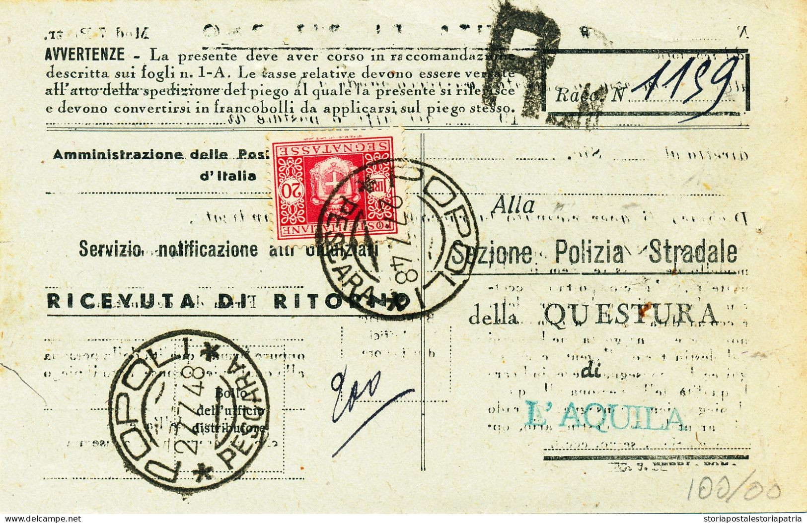 1948 AR AVVISO DI RICEVIMENTO TASSA A CARICO DI AG CON 20 LIRE SEGNATASSE LUOGOTENENZA - Taxe