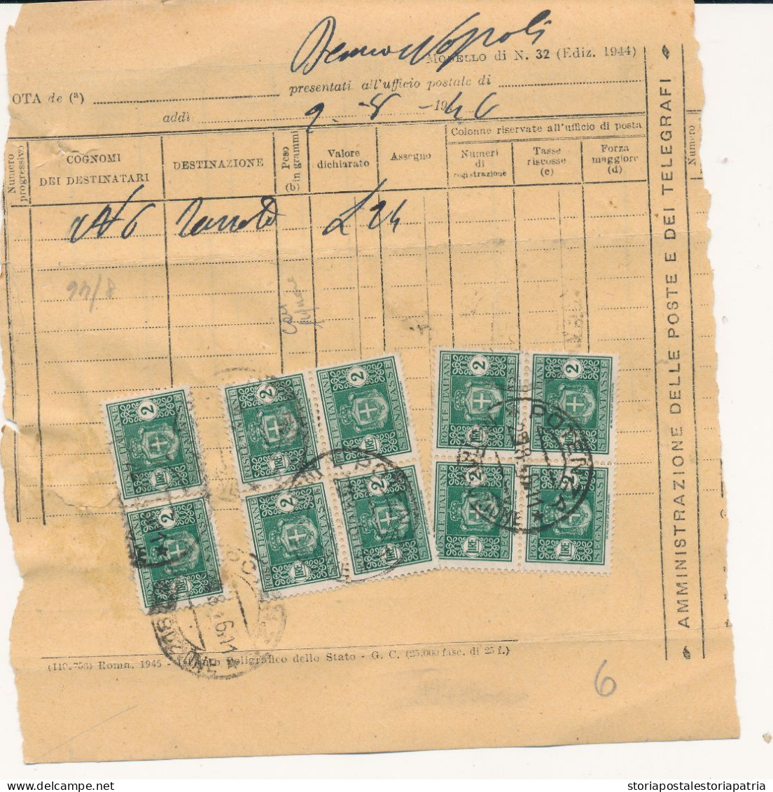 1946 CUMULATIVA DI TASSA DUE QUARTINE + COPPIA 2 LIRE SEGNATASSE LUOGOTENENZA - Taxe