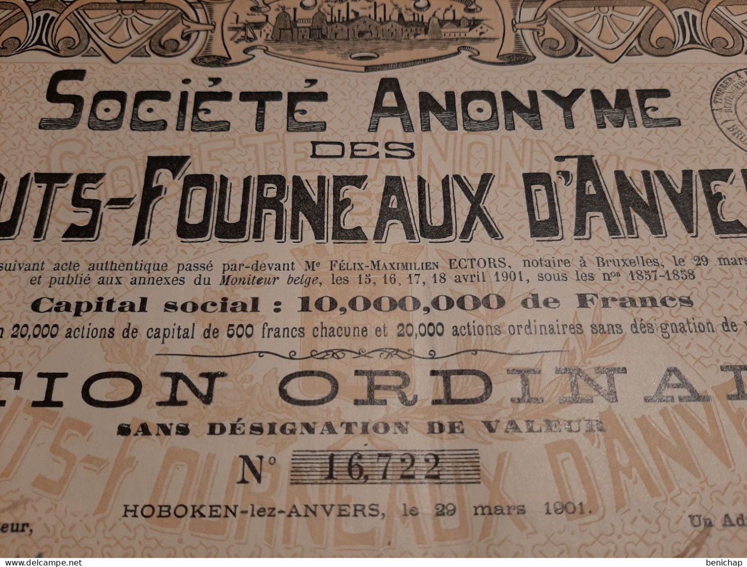 Société Anonyme Des Hauts-Fourneaux D'Anvers - Action Ordinaire - Hoboken-lez-Anvers Le 29 Mars 1901. - Industrie